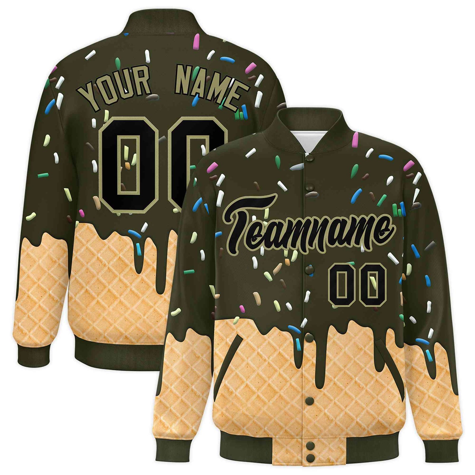 Custom Olive Ice Cream Cone Graffiti Pattern Full-Snap Varsity Letterman Jackets