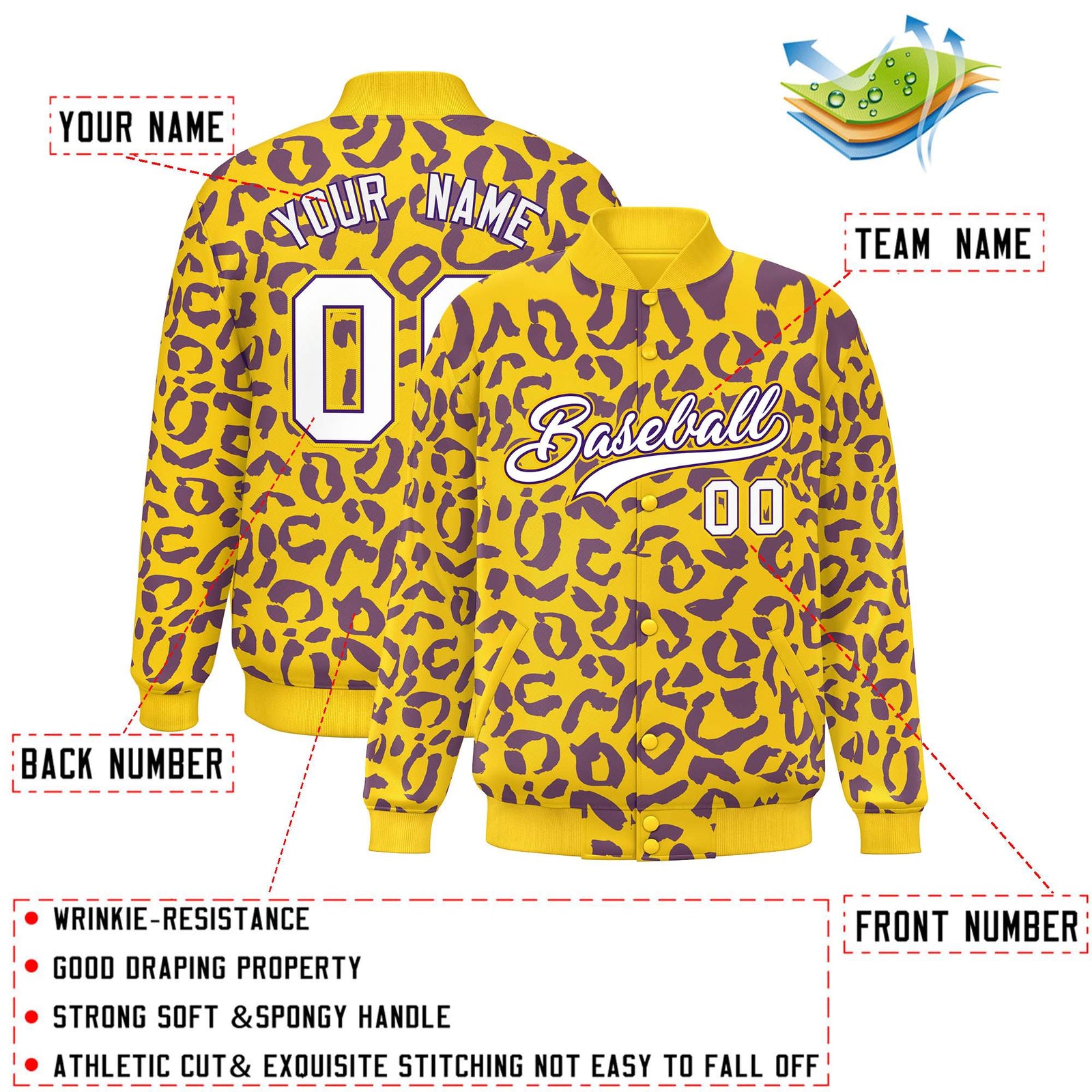 Custom Gold Purple Varsity Full-Snap Leopard Print Graffiti Pattern Letterman Baseball Jacket