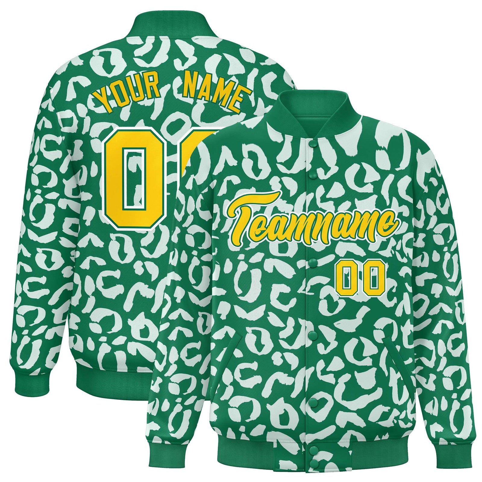 Custom Kelly Green White Varsity Full-Snap Leopard Print Graffiti Pattern Letterman Baseball Jacket
