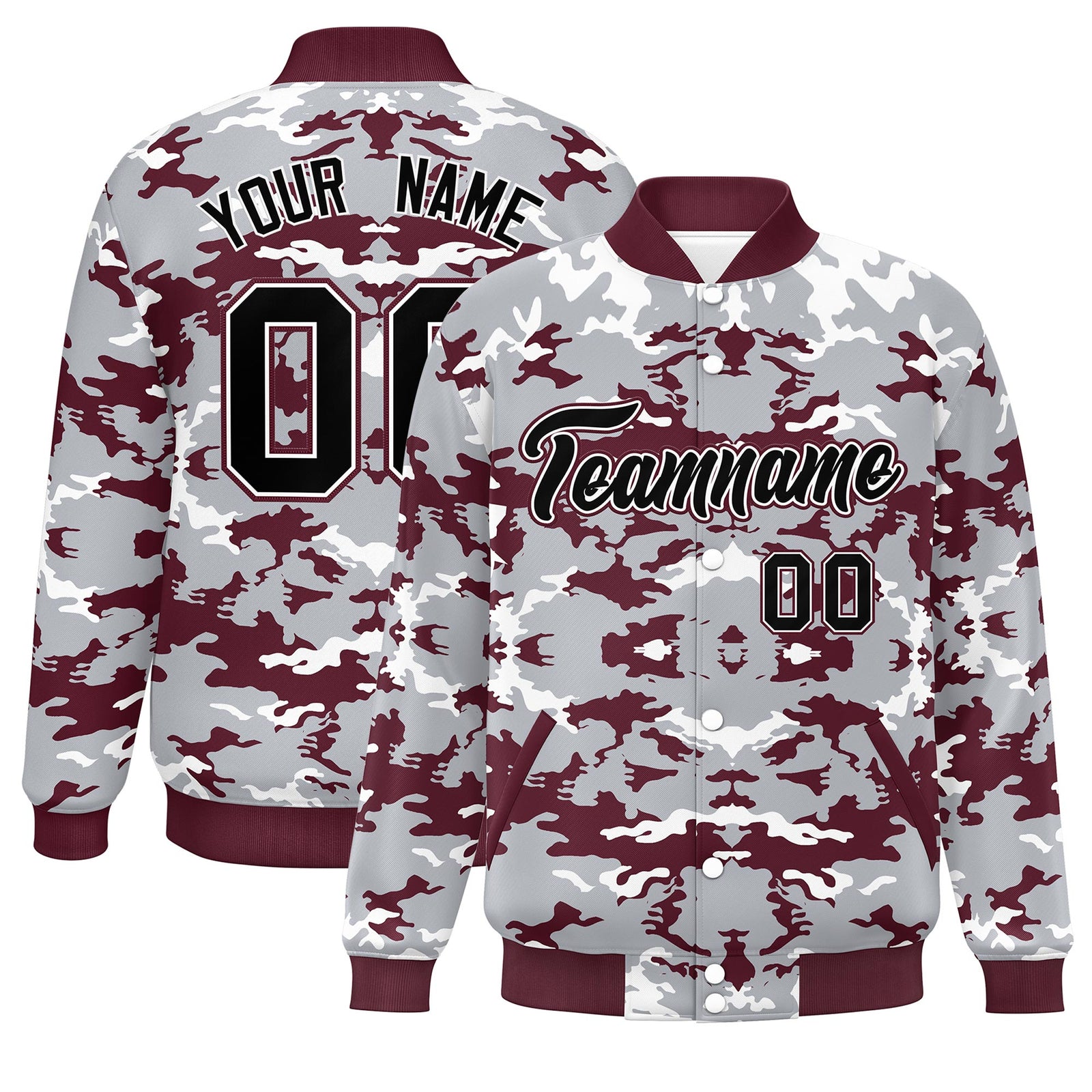 Custom Gray Crimson-White Varsity Full-Snap Camo Letterman Jacket