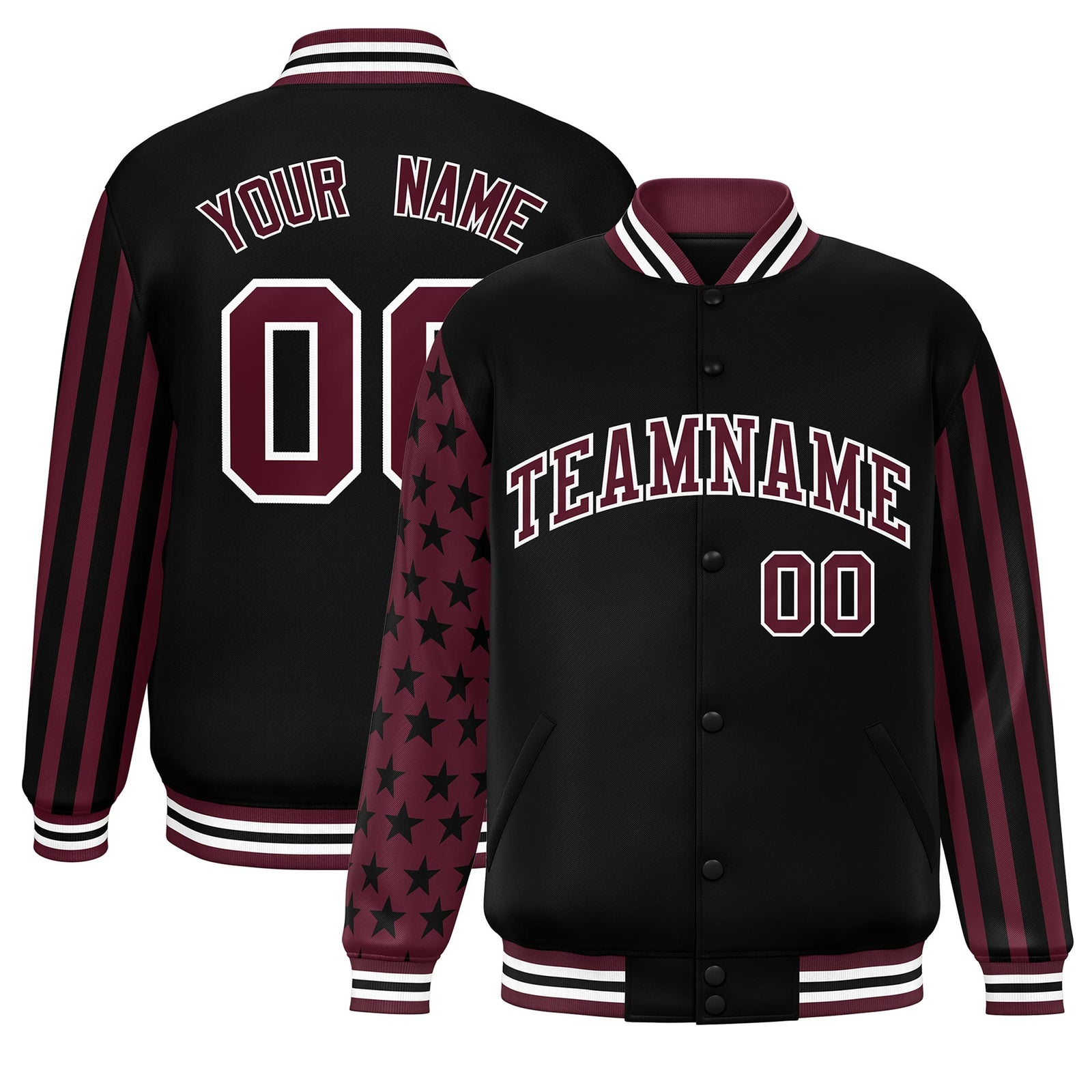 Custom Black Crimson American Flag Varsity Full-Snap Authentic Raglan Sleeves Letterman Bomber Jacket