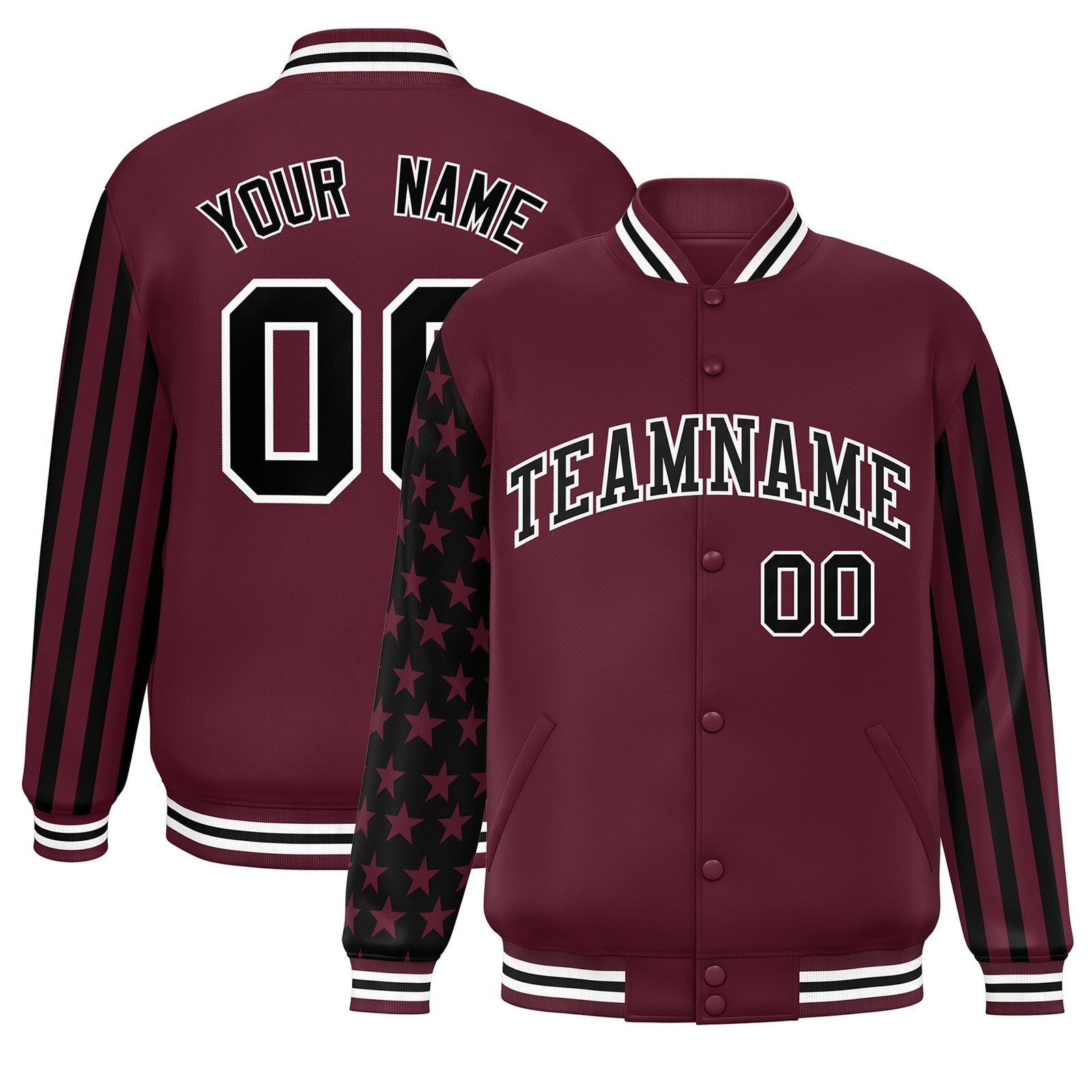 Custom Crimson Black American Flag Varsity Full-Snap Authentic Raglan Sleeves Letterman Bomber Jacket