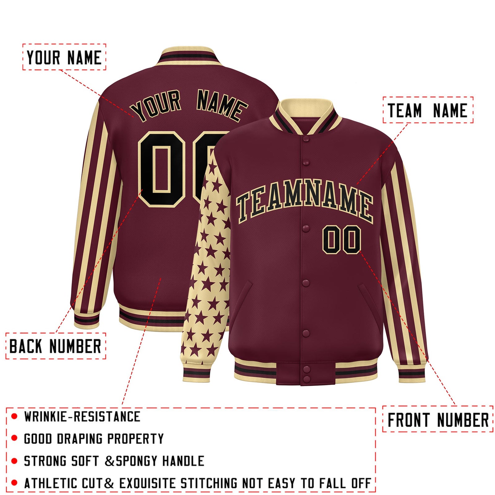 Custom Crimson Khaki American Flag Varsity Full-Snap Authentic Raglan Sleeves Letterman Bomber Jacket
