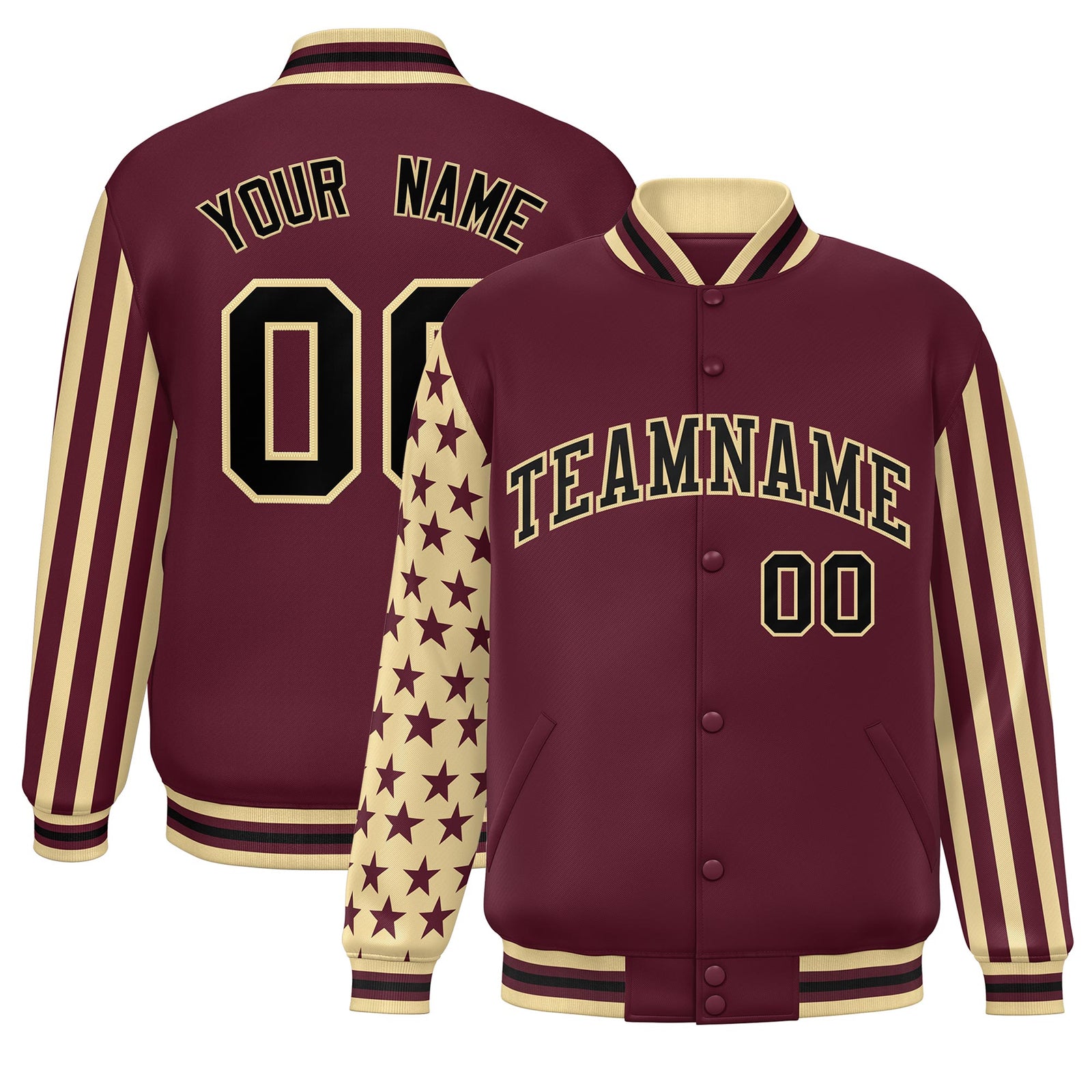 Custom Crimson Khaki American Flag Varsity Full-Snap Authentic Raglan Sleeves Letterman Bomber Jacket