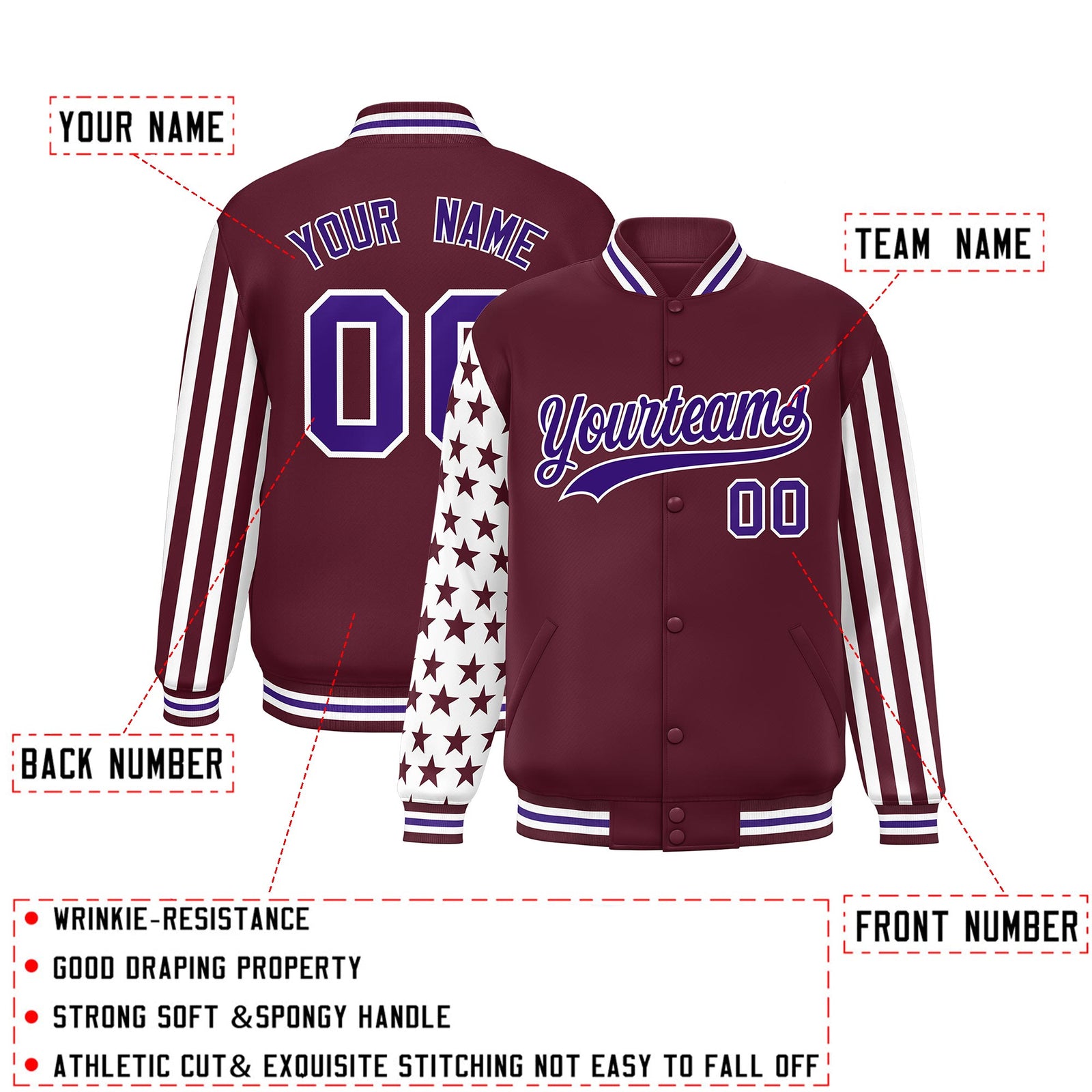 Custom Crimson American Flag Varsity Full-Snap Authentic Raglan Sleeves Letterman Bomber Jacket