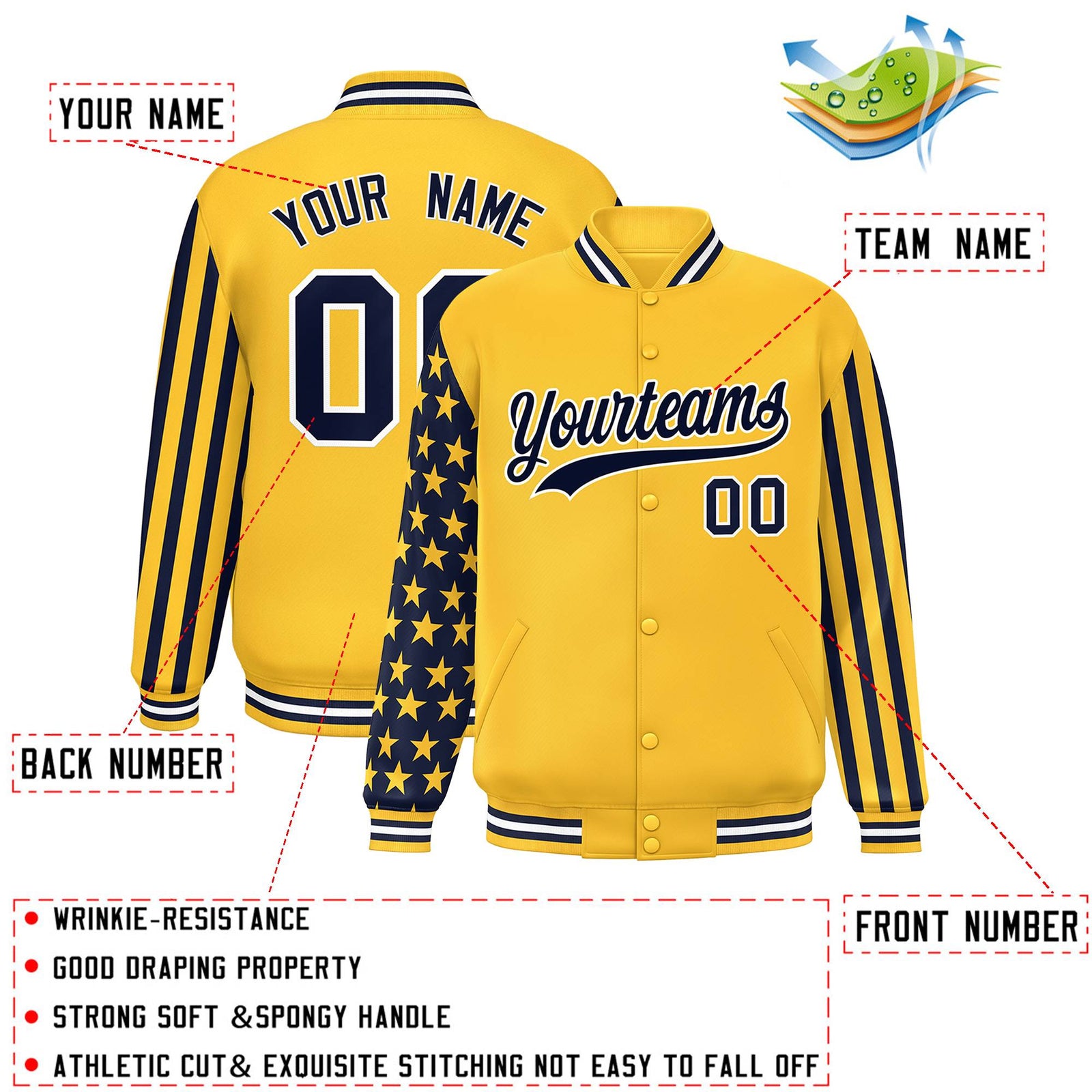 Custom Gold American Flag Varsity Full-Snap Authentic Raglan Sleeves Letterman Bomber Jacket