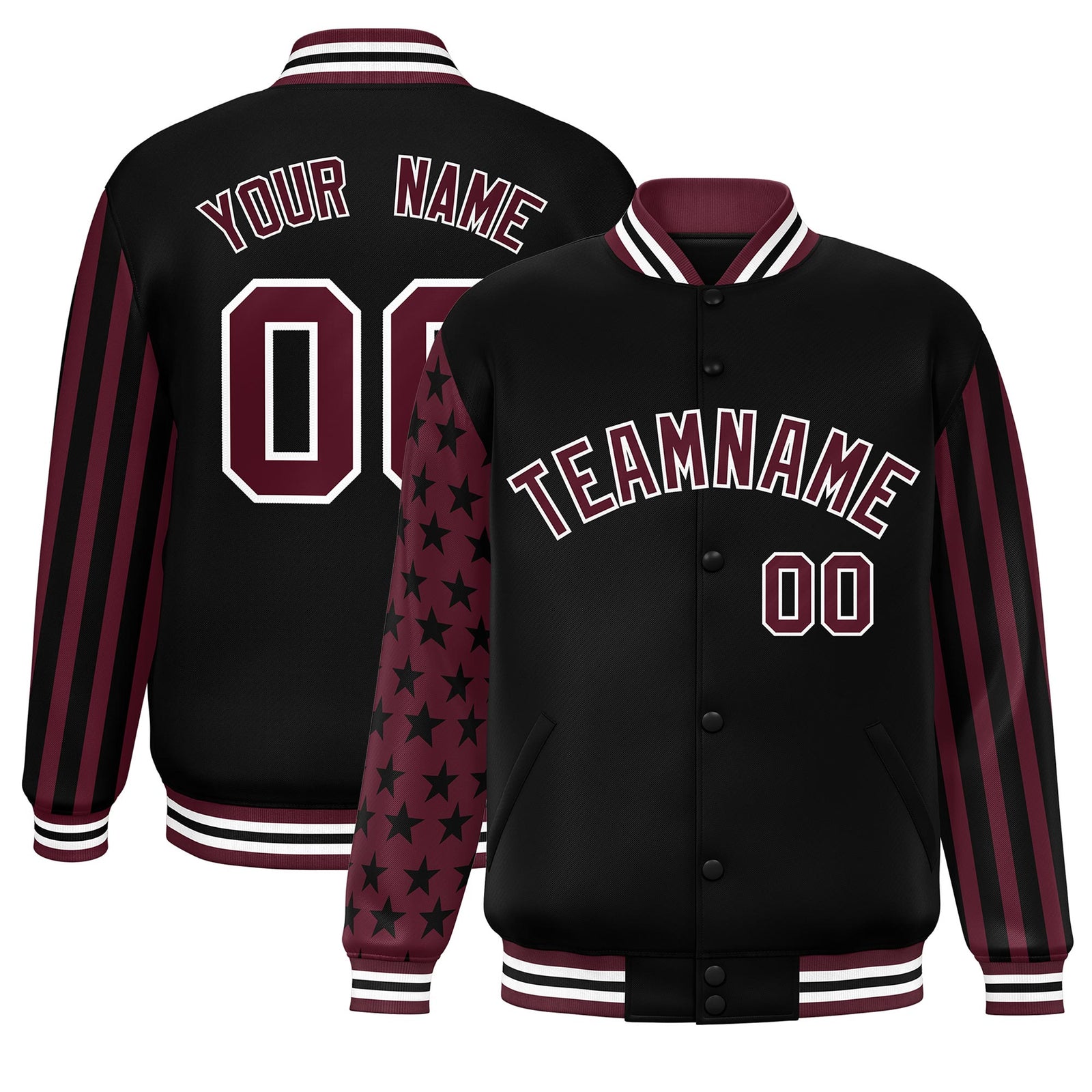 Custom Black Crimson American Flag Varsity Full-Snap Authentic Raglan Sleeves Letterman Bomber Jacket