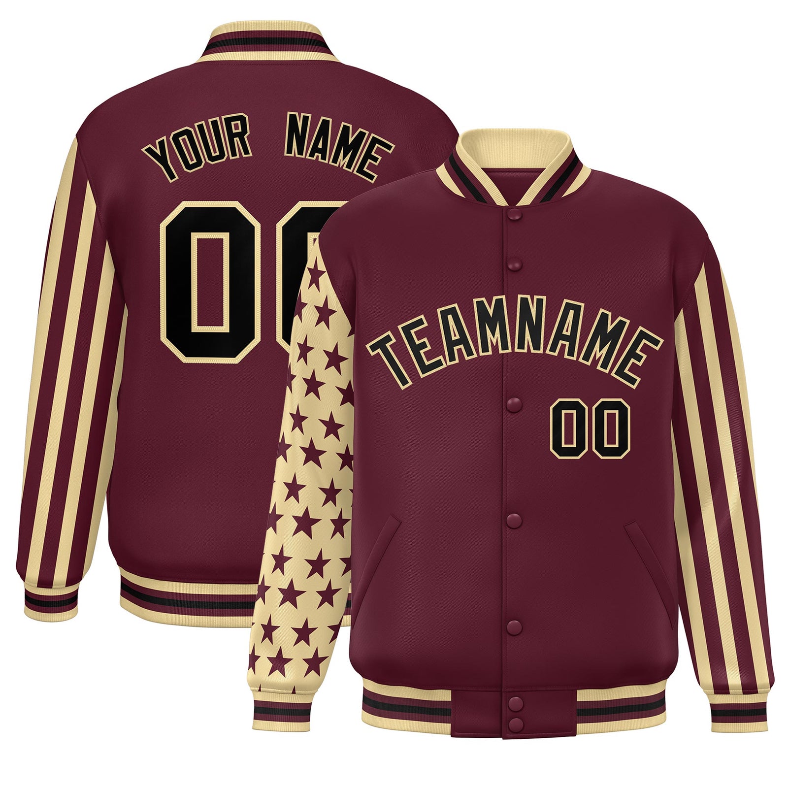 Custom Crimson Khaki American Flag Varsity Full-Snap Authentic Raglan Sleeves Letterman Bomber Jacket