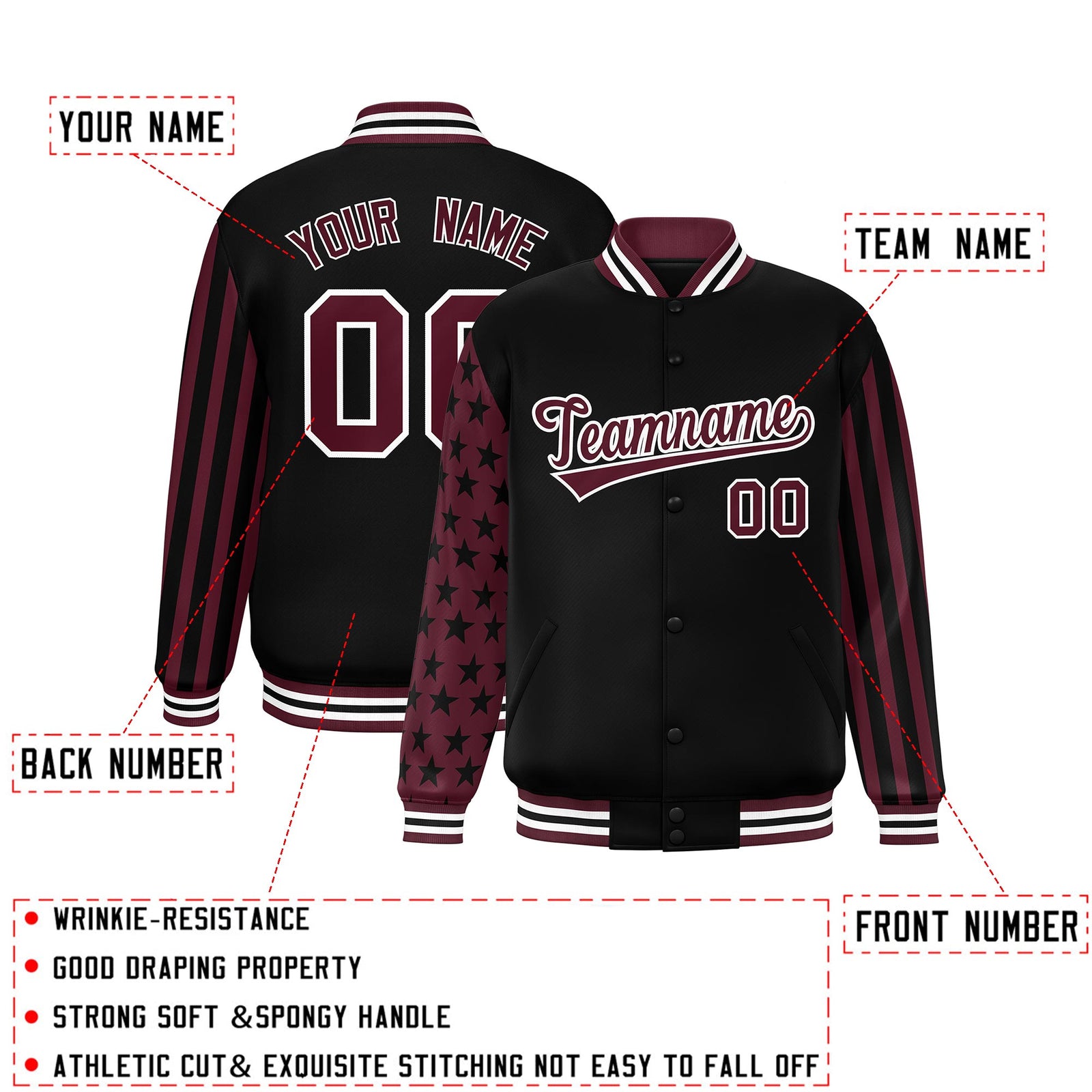 Custom Black Crimson American Flag Varsity Full-Snap Authentic Raglan Sleeves Letterman Bomber Jacket