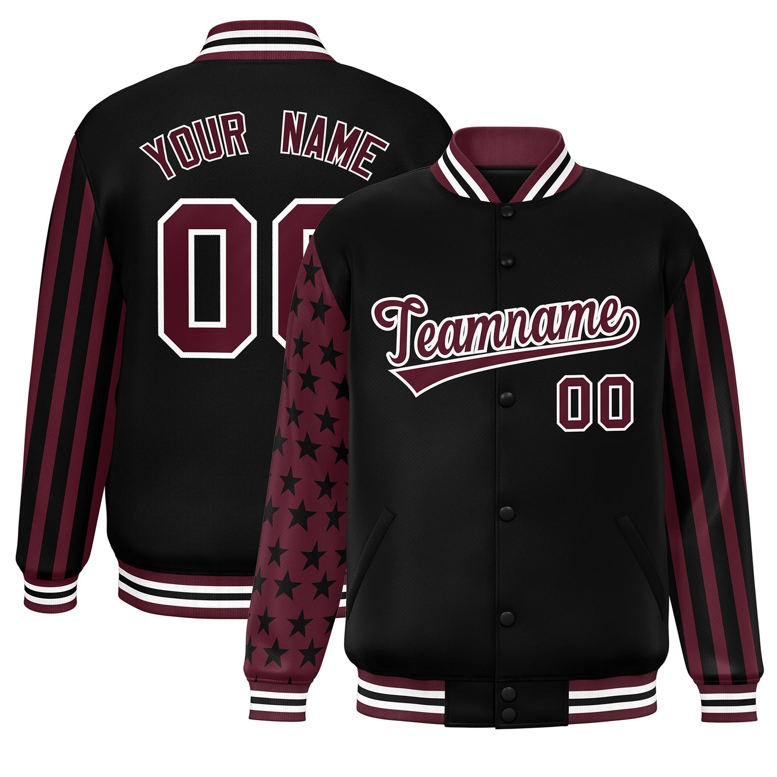 Custom Black Crimson American Flag Varsity Full-Snap Authentic Raglan Sleeves Letterman Bomber Jacket