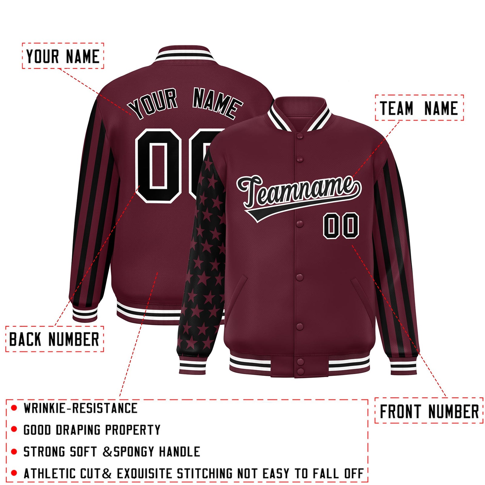Custom Crimson Black American Flag Varsity Full-Snap Authentic Raglan Sleeves Letterman Bomber Jacket