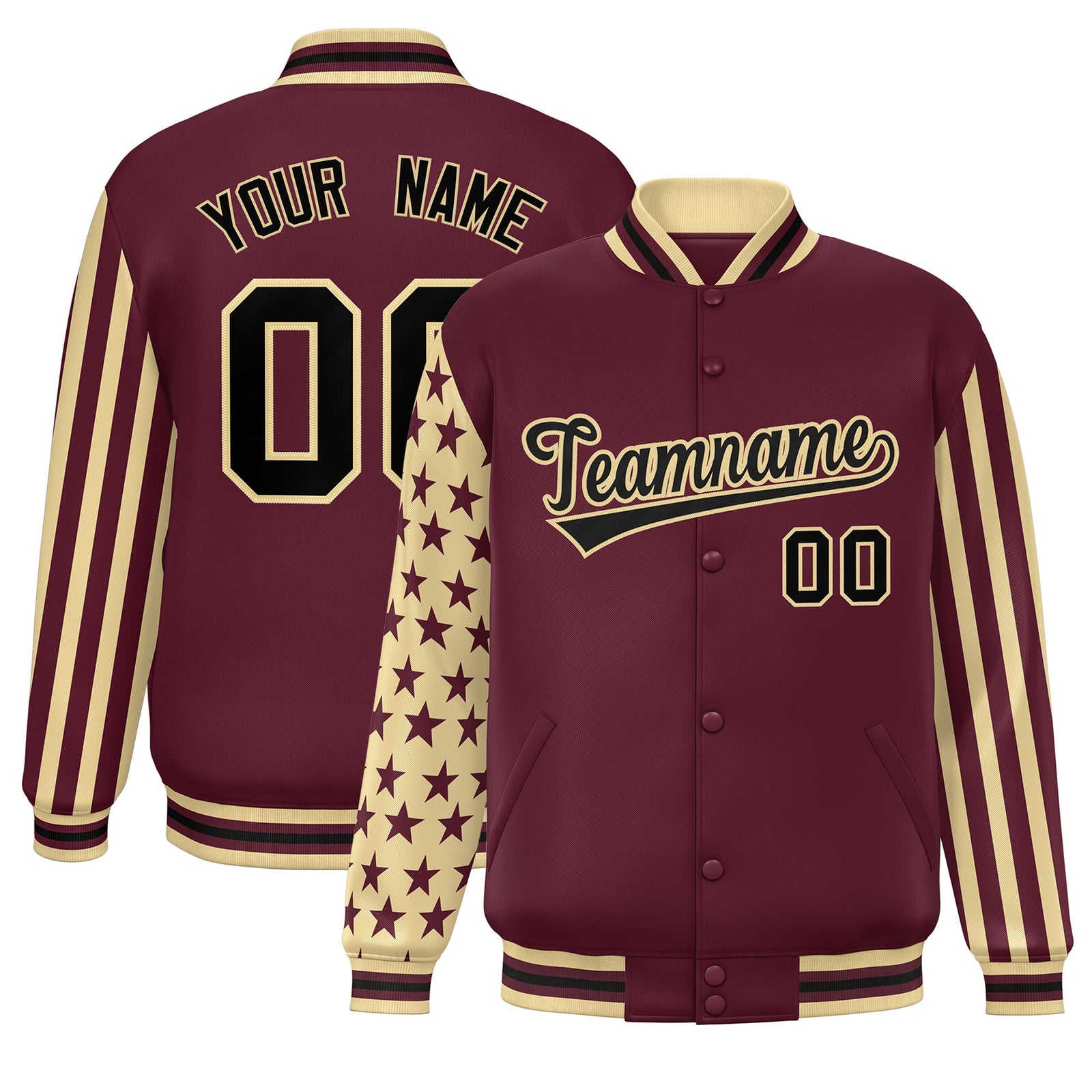 Custom Crimson Khaki American Flag Varsity Full-Snap Authentic Raglan Sleeves Letterman Bomber Jacket