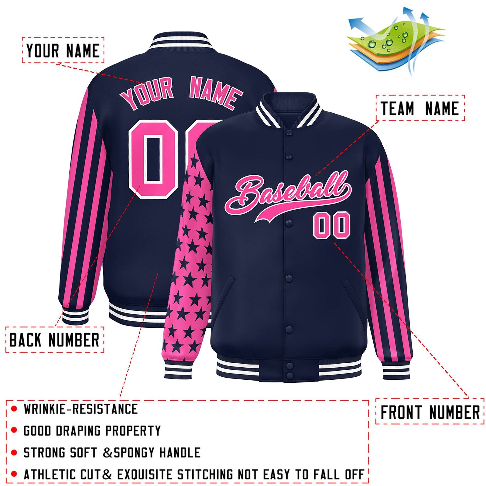 Custom Navy Pink American Flag Varsity Full-Snap Authentic Raglan Sleeves Letterman Bomber Jacket