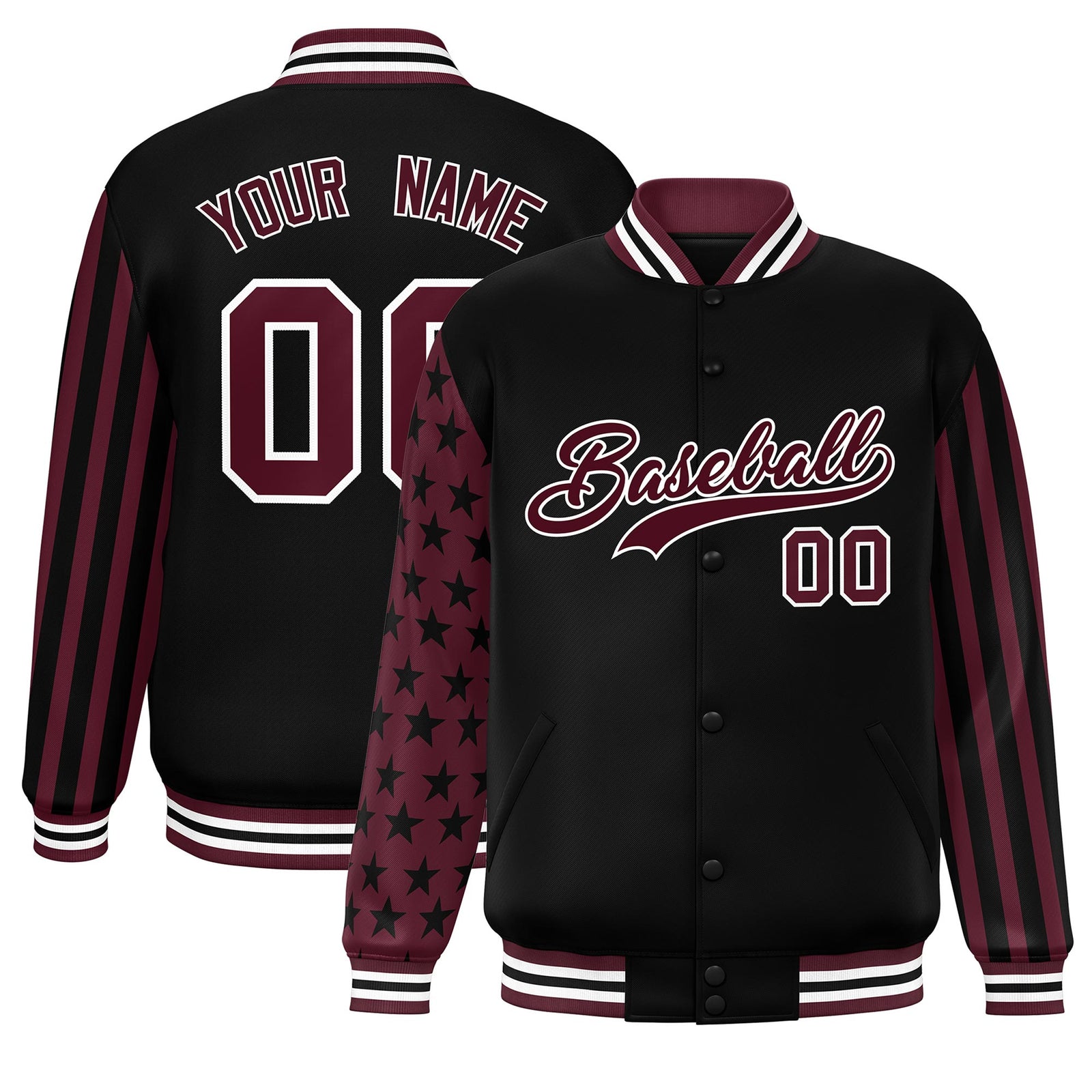 Custom Black Crimson American Flag Varsity Full-Snap Authentic Raglan Sleeves Letterman Bomber Jacket