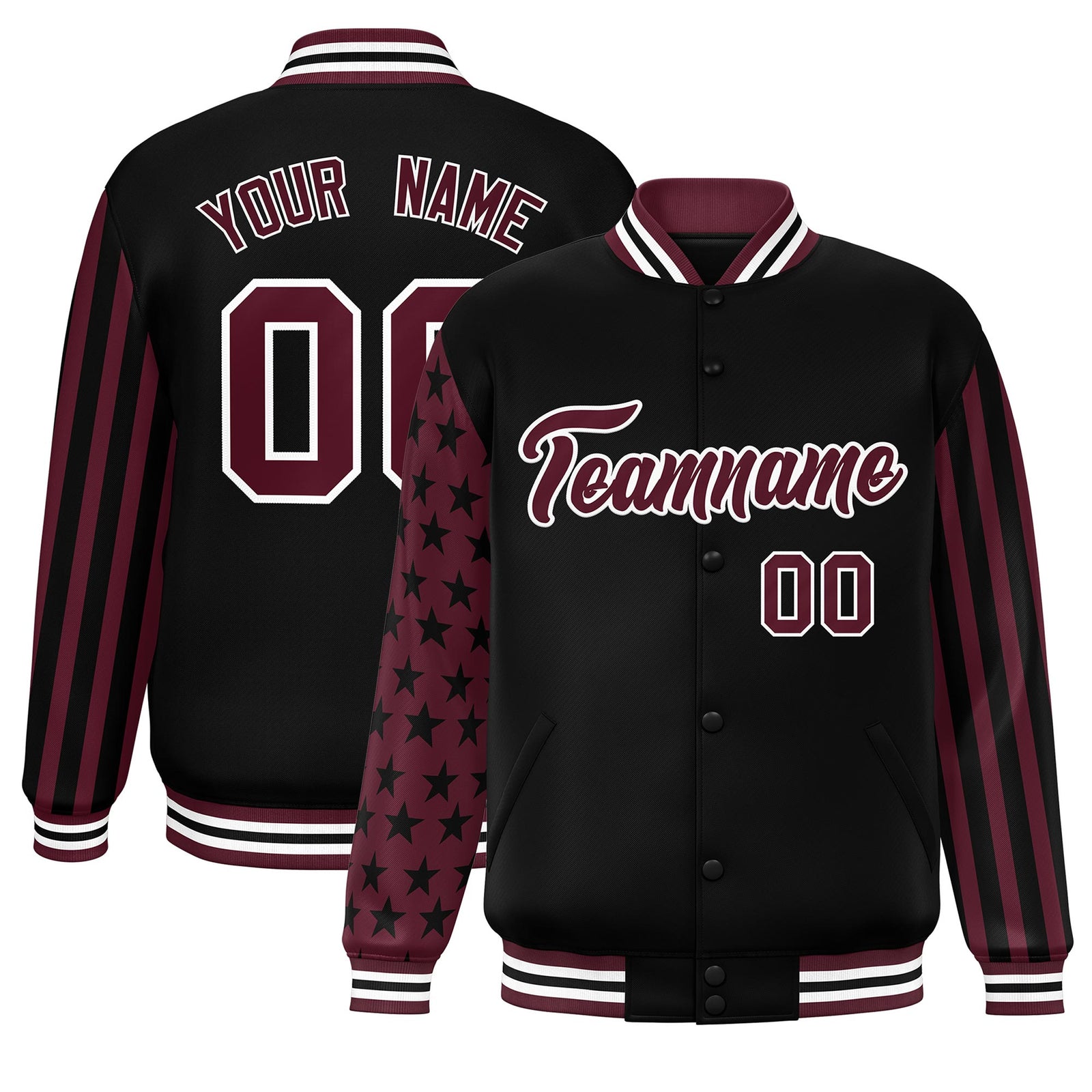 Custom Black Crimson American Flag Varsity Full-Snap Authentic Raglan Sleeves Letterman Bomber Jacket