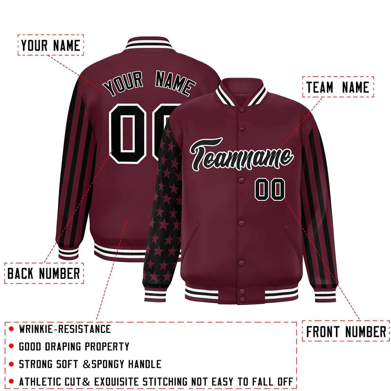Custom Crimson Black American Flag Varsity Full-Snap Authentic Raglan Sleeves Letterman Bomber Jacket