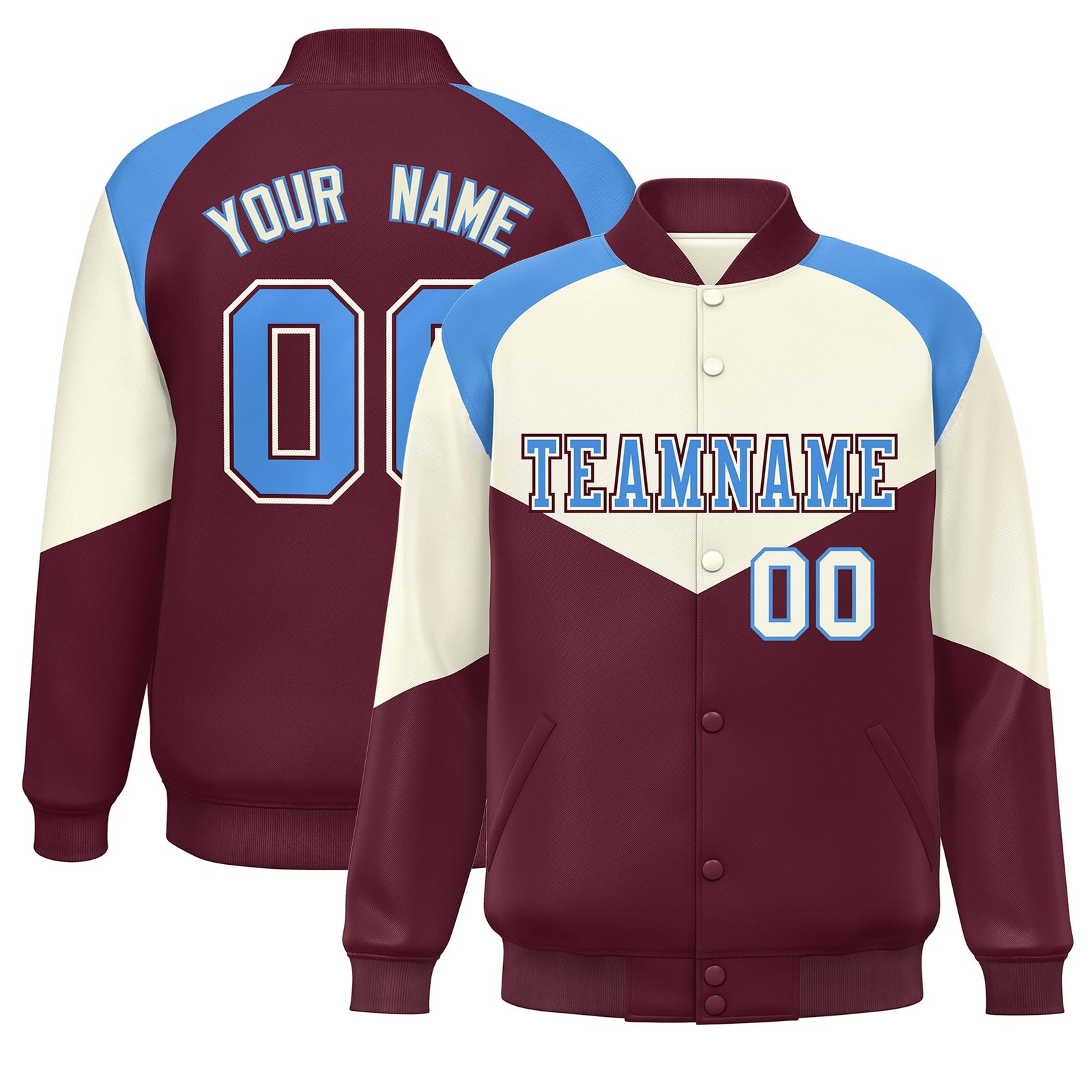 Custom Cream Crimson Varsity Full-Snap Color Block Letterman Jacket