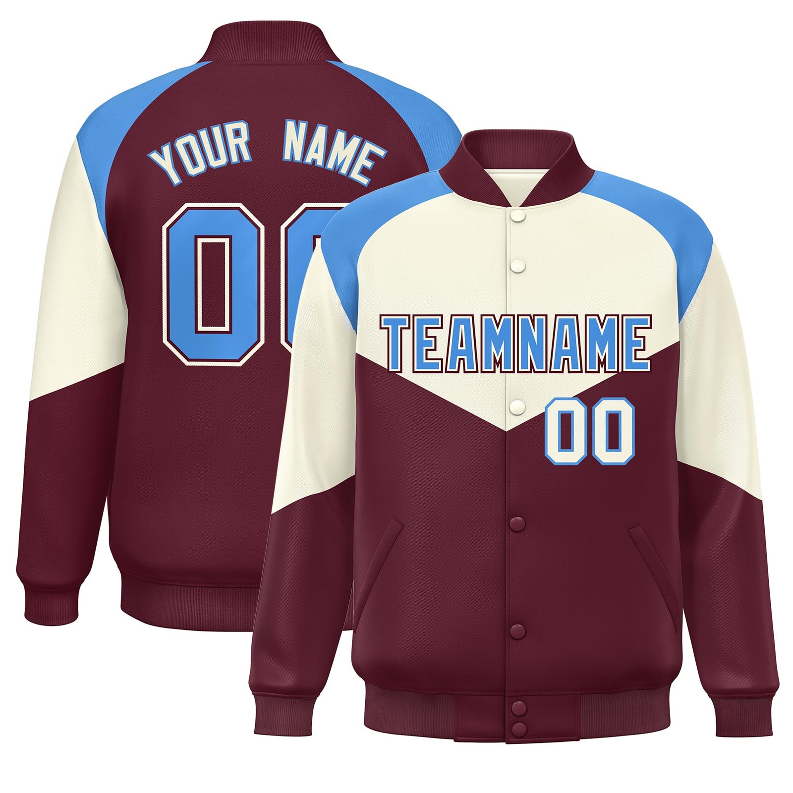 Custom Cream Crimson Varsity Full-Snap Color Block Letterman Jacket