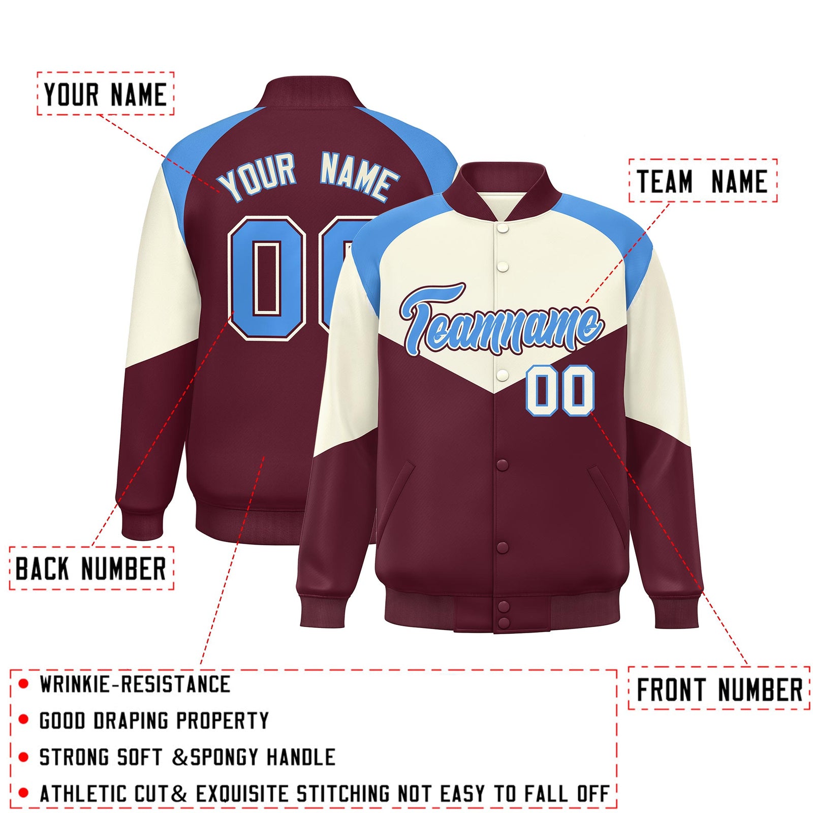Custom Cream Crimson Varsity Full-Snap Color Block Letterman Jacket