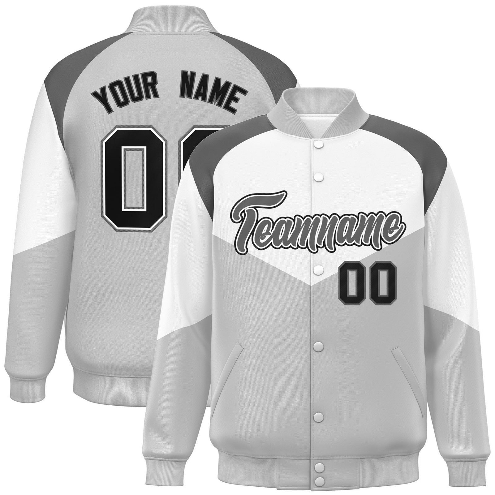 Custom White Gray Varsity Full-Snap Color Block Letterman Jacket