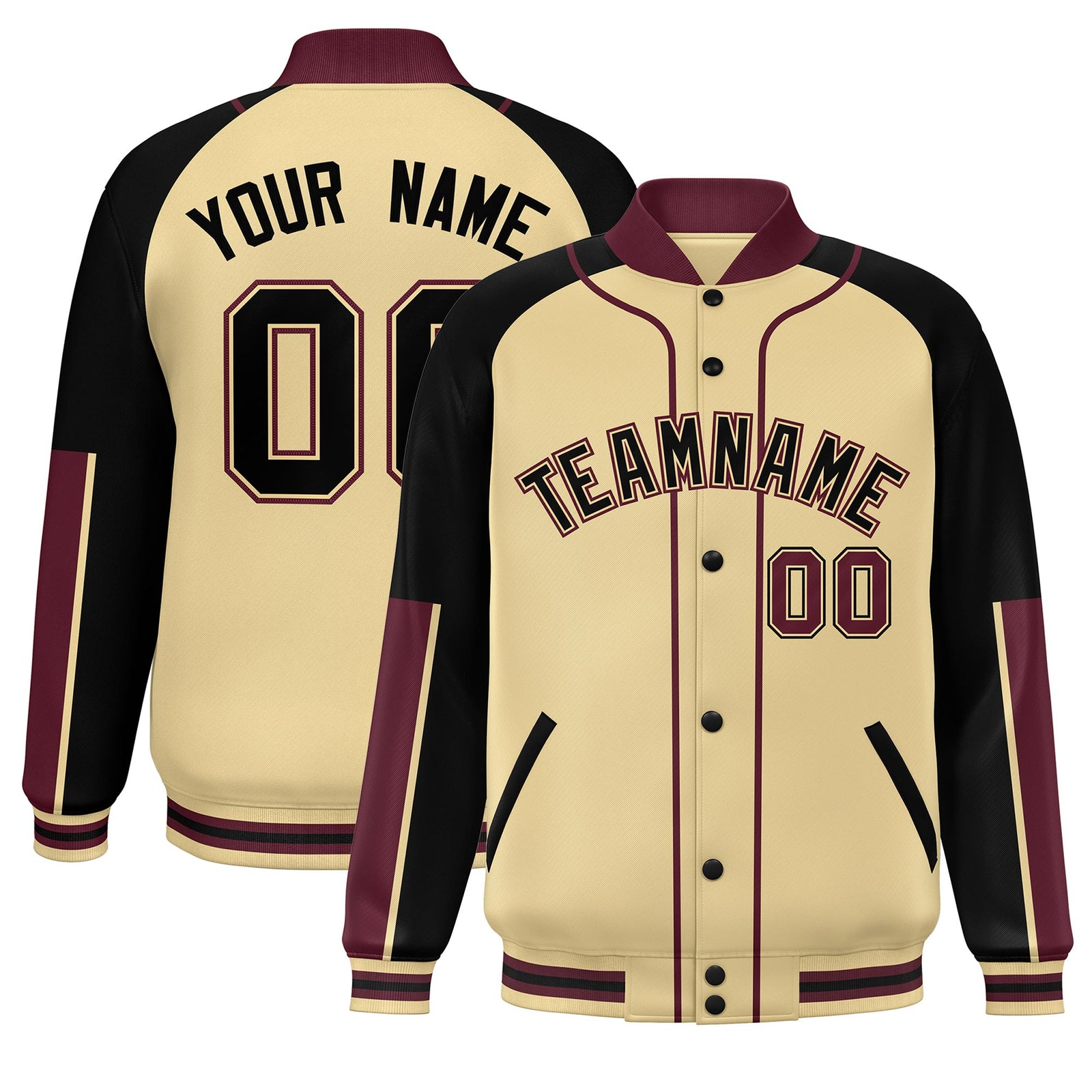 Custom Khaki Black-Crimson Raglan Sleeves Varsity Full-Snap Letterman Baseball Jacket