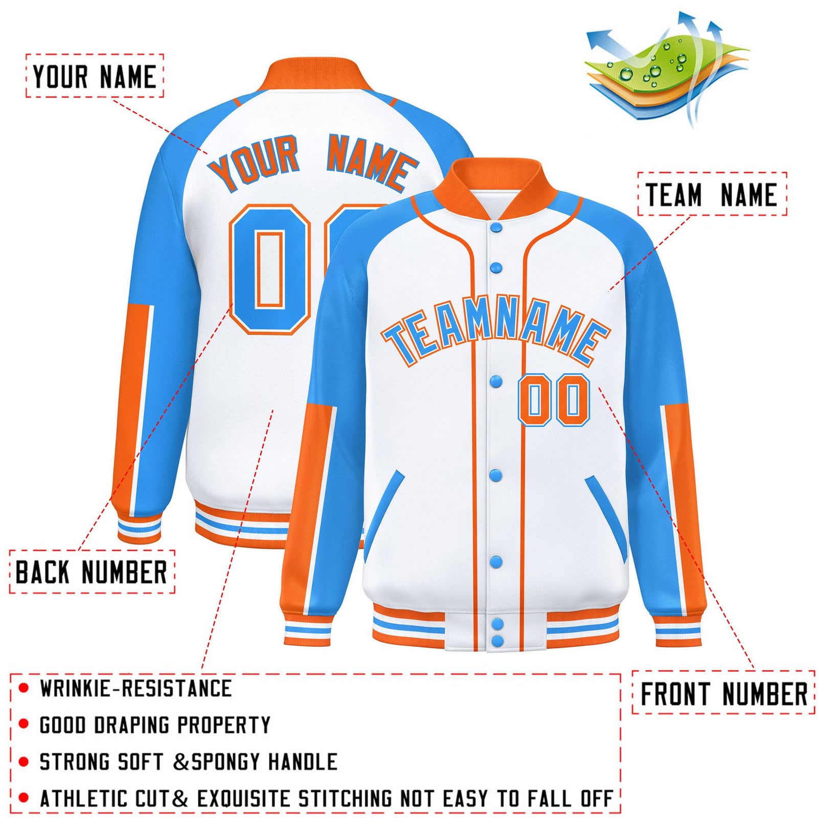 Custom White Powder Blue-Orange Raglan Sleeves Varsity Full-Snap Letterman Baseball Jacket