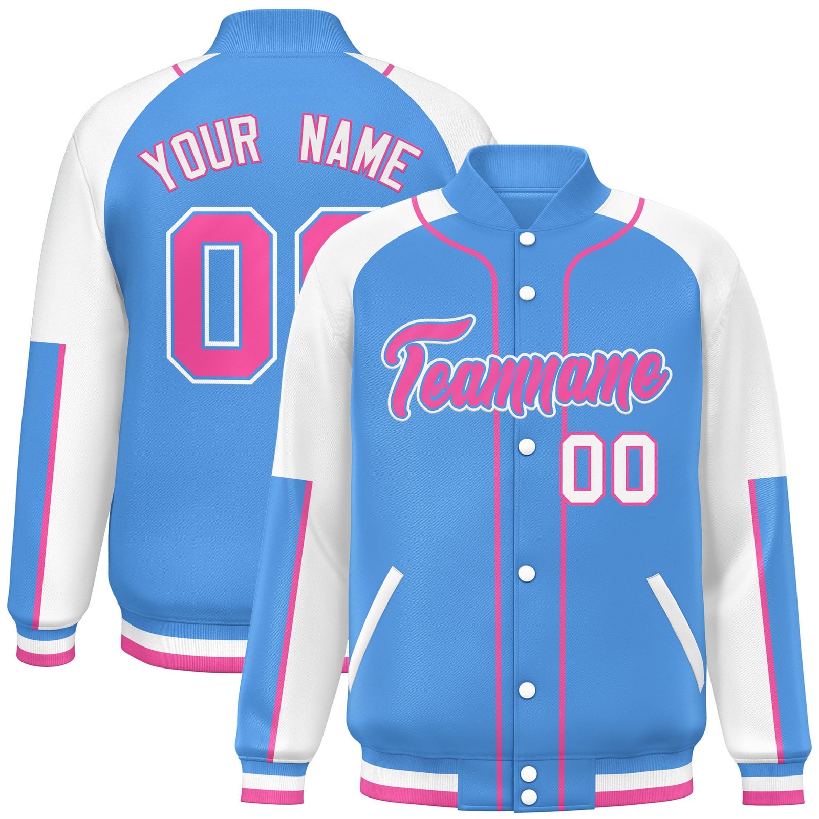 Custom Powder Blue White-Powder Blue Raglan Sleeves Varsity Full-Snap Letterman Baseball Jacket