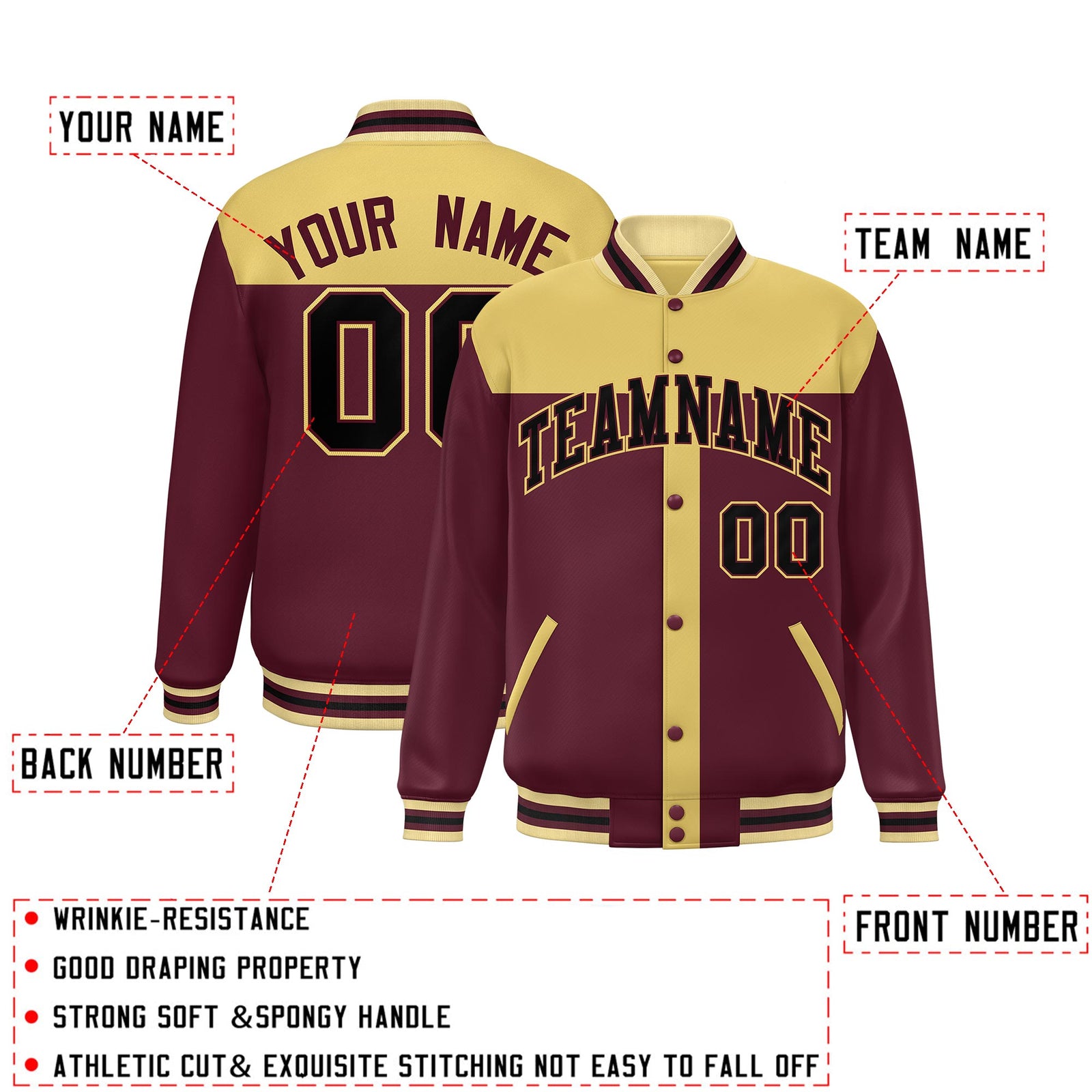 Custom Khaki Crimson Color Block Bomber Varsity Baseball Jacket