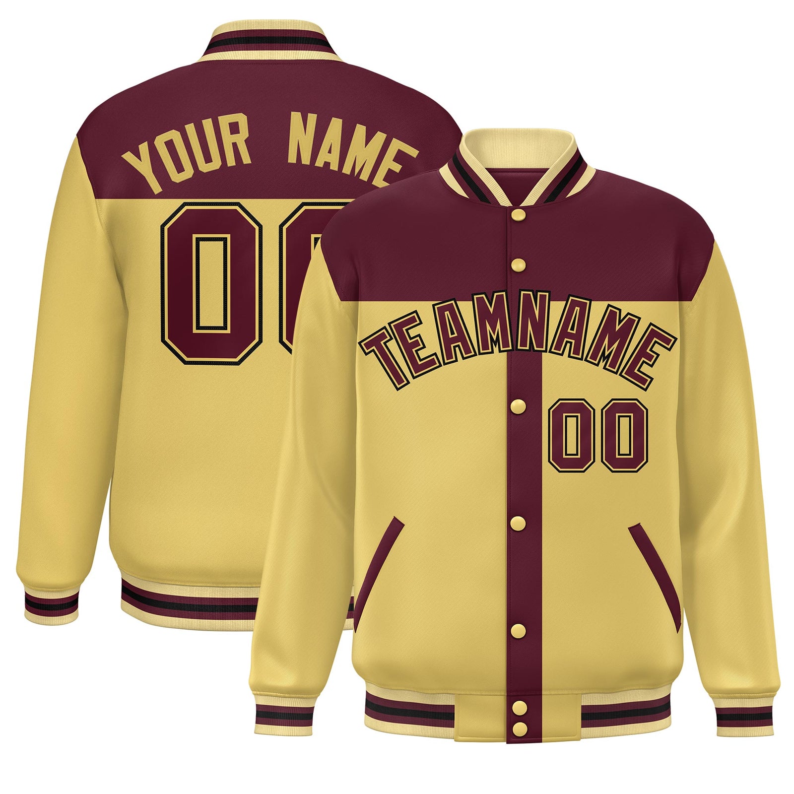 Custom Crimson Khaki Color Block Bomber Varsity Baseball Jacket