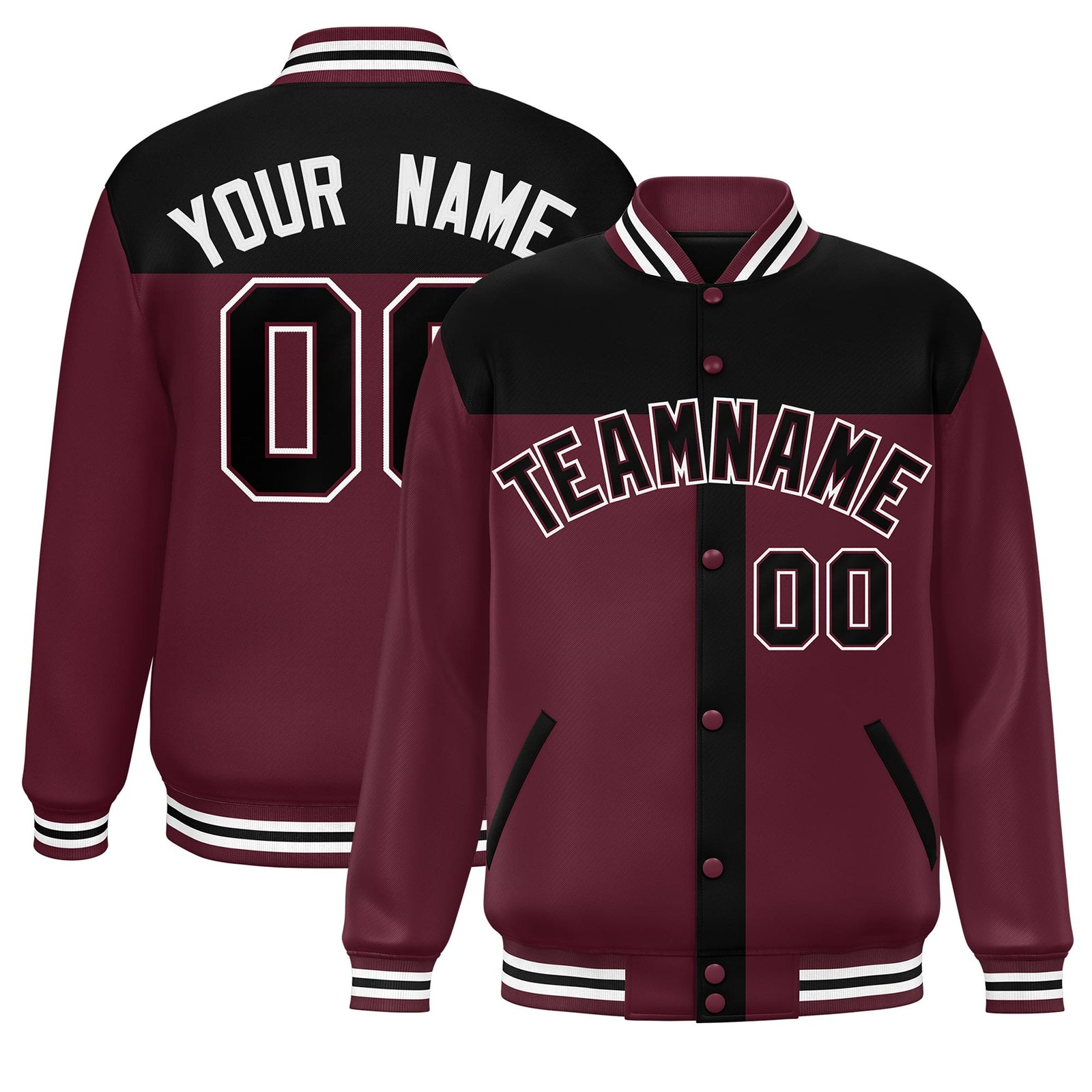Custom Black Crimson Color Block Bomber Varsity Baseball Jacket