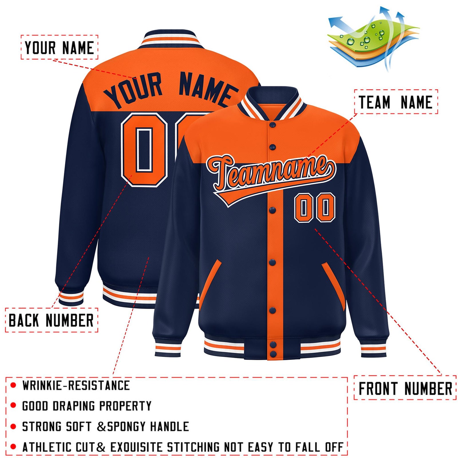 Custom Orange Navy Color Block Bomber Varsity Baseball Jacket