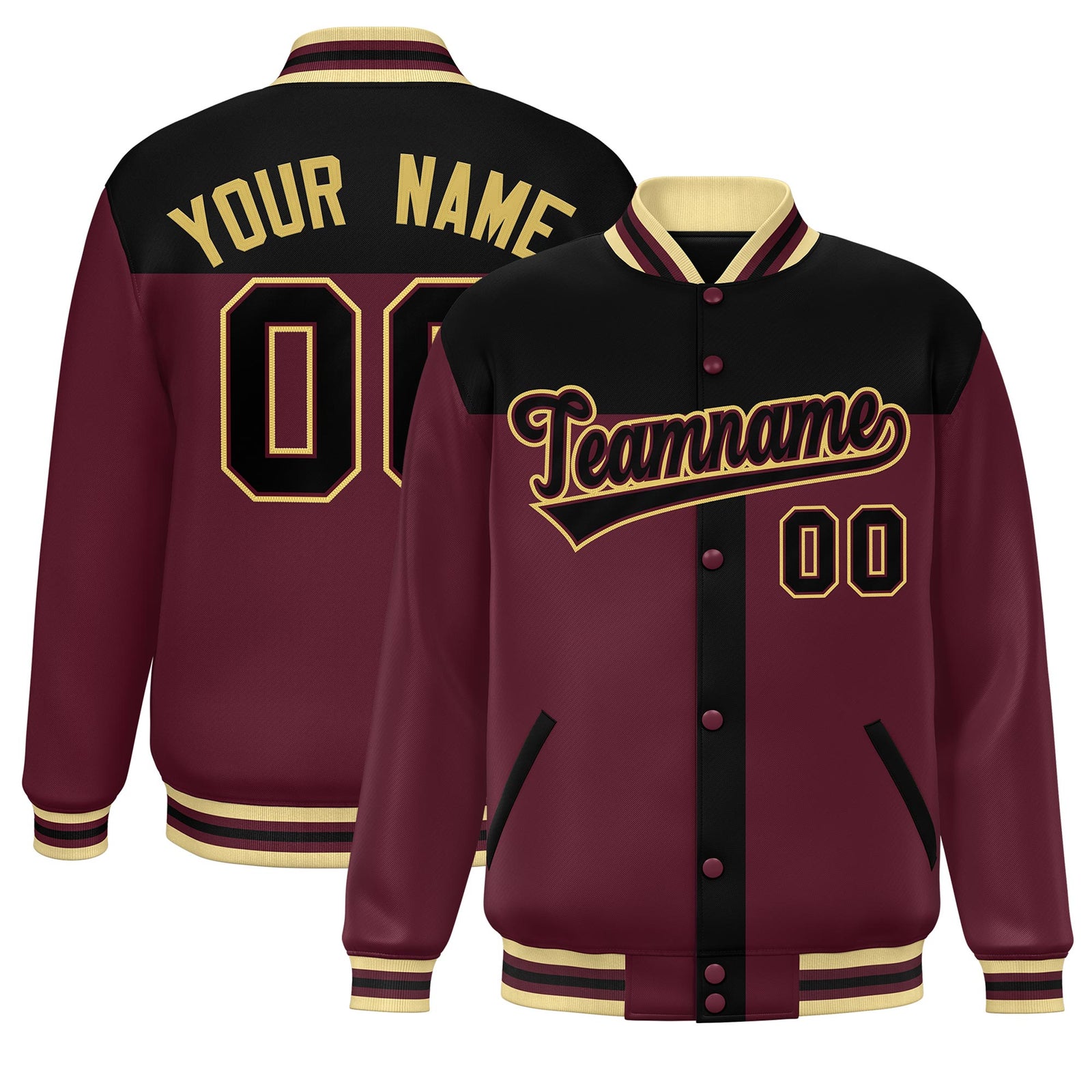 Custom Black Crimson Color Block Bomber Varsity Baseball Jacket