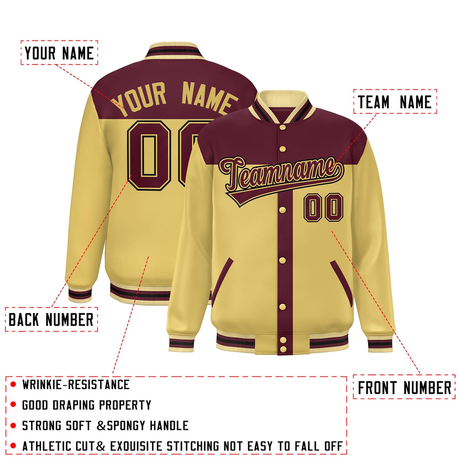 Custom Crimson Khaki Color Block Bomber Varsity Baseball Jacket