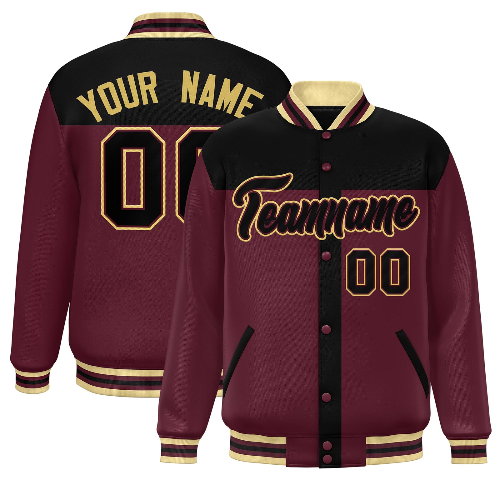 Custom Black Crimson Color Block Bomber Varsity Baseball Jacket