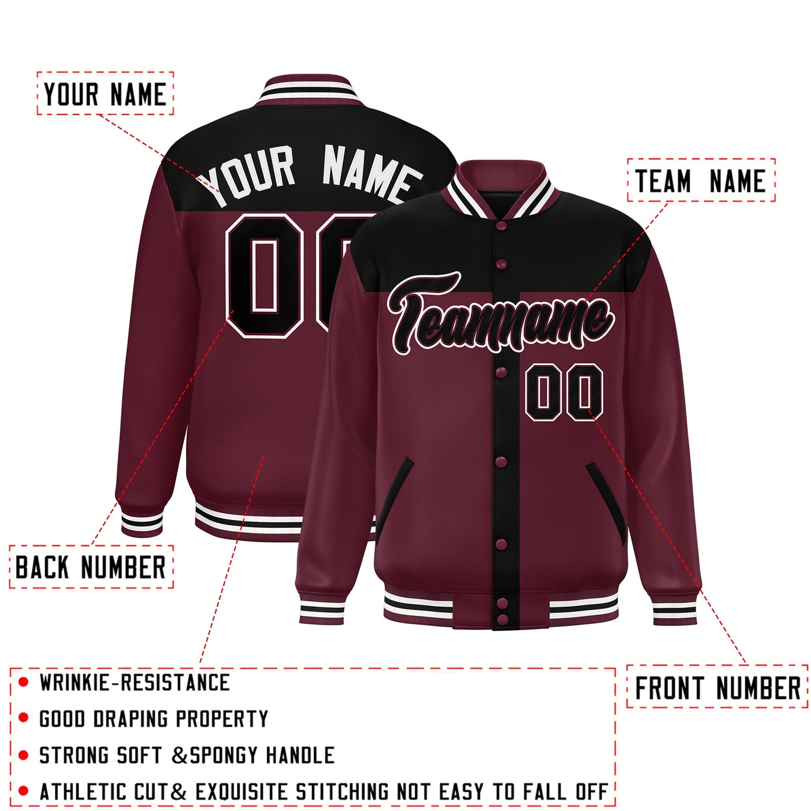 Custom Black Crimson Color Block Bomber Varsity Baseball Jacket