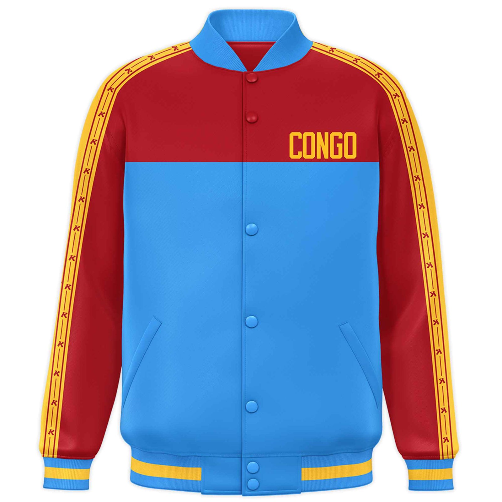 Custom Powder Blue Red Raglan Sleeves Varsity Full-Snap Color Block Letterman Prido Jacket