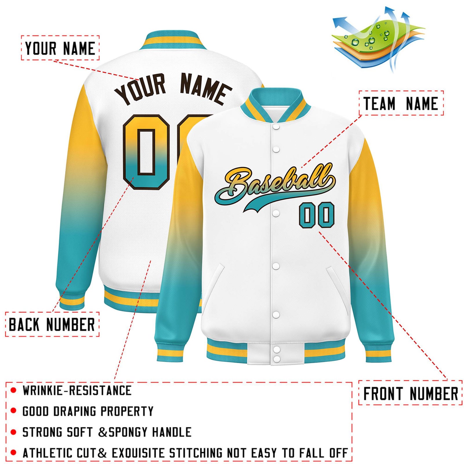 Custom White Yellow-Aqua Gradient Varsity Full-Snap Raglan Sleeves Baseball Jacket