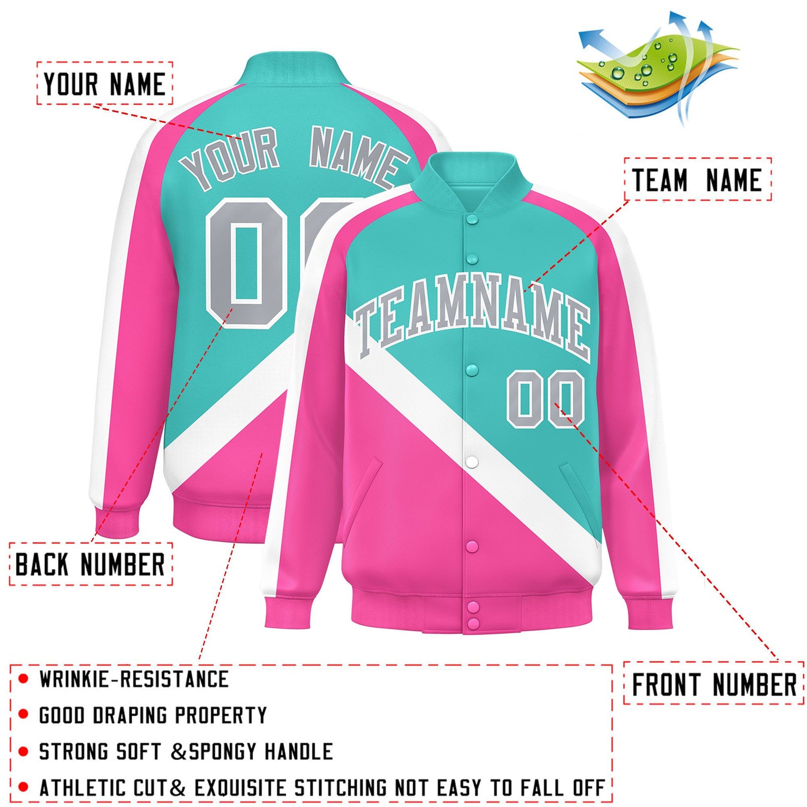 Custom Bright Green Pink Raglan Sleeves Varsity Full-Snap Letterman Baseball Jacket