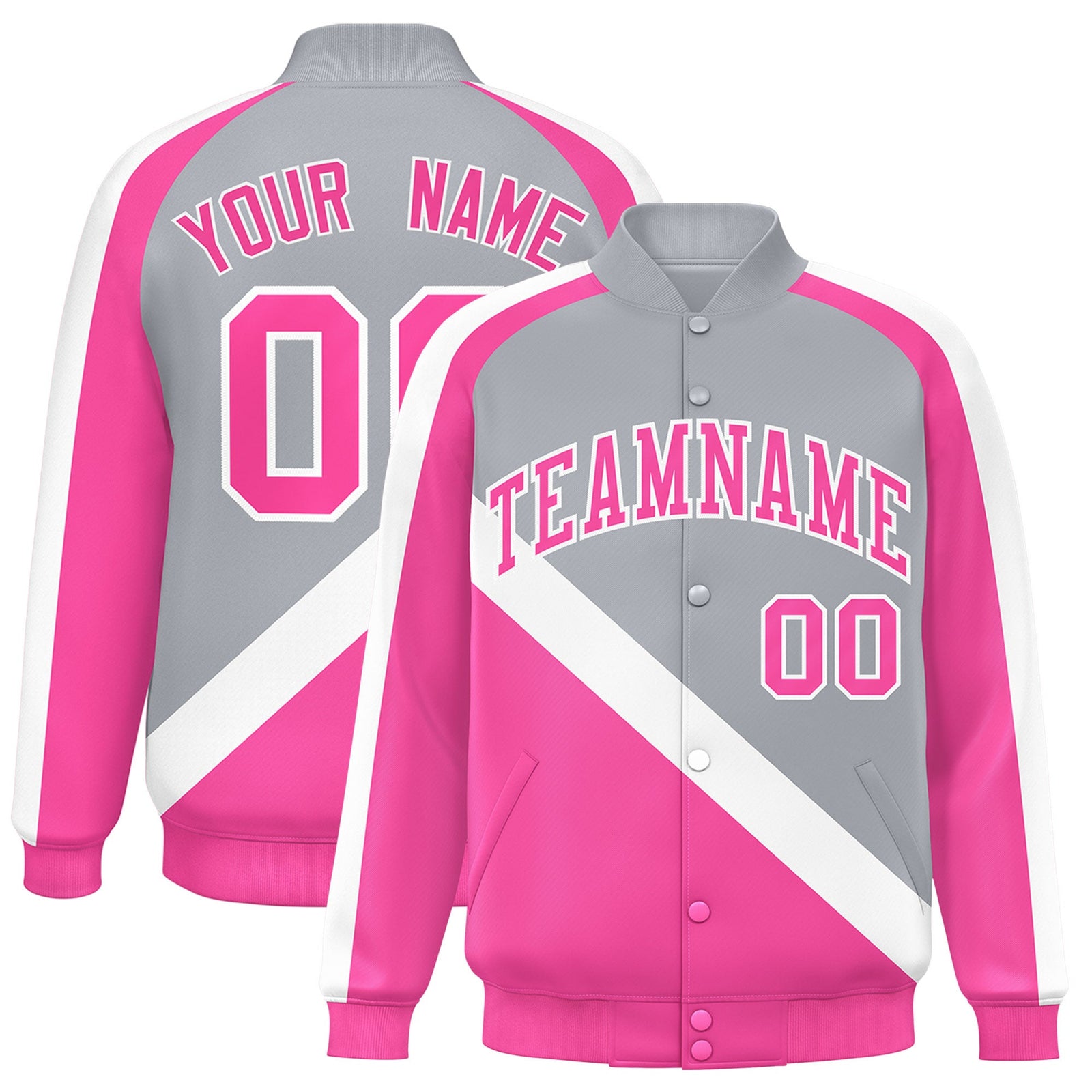 Custom Gray Pink Raglan Sleeves Varsity Full-Snap Letterman Baseball Jacket
