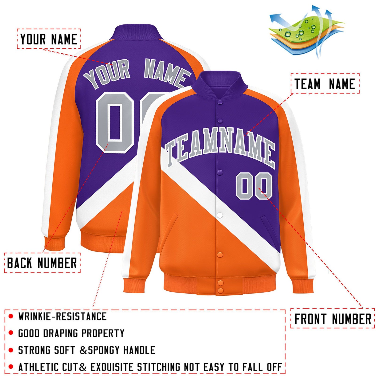 Custom Purple Orange Raglan Sleeves Varsity Full-Snap Letterman Baseball Jacket