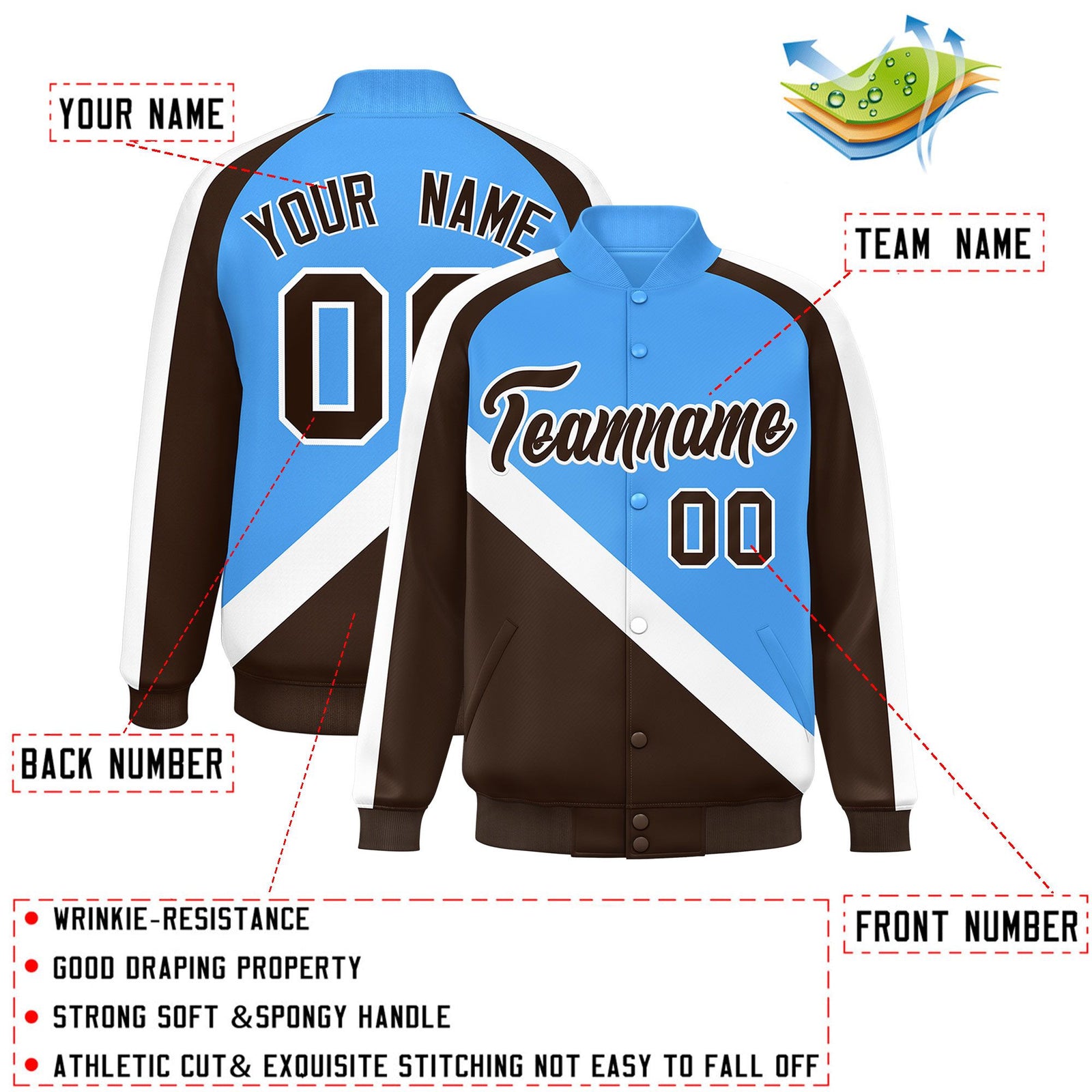 Custom Powder Blue Brown Raglan Sleeves Varsity Full-Snap Letterman Baseball Jacket