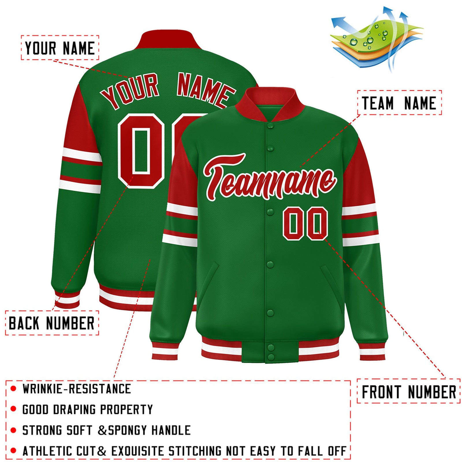 Custom Green Varsity Full-Snap Color Block Letterman Jacket