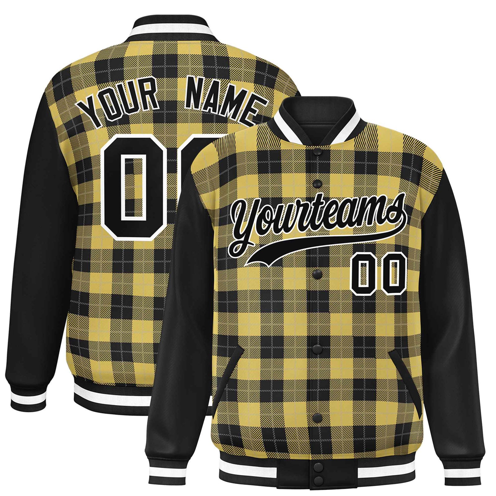 Custom Khaki Black-Gray Varsity Full-Snap Plaid Pattern Letterman Baseball Jacket