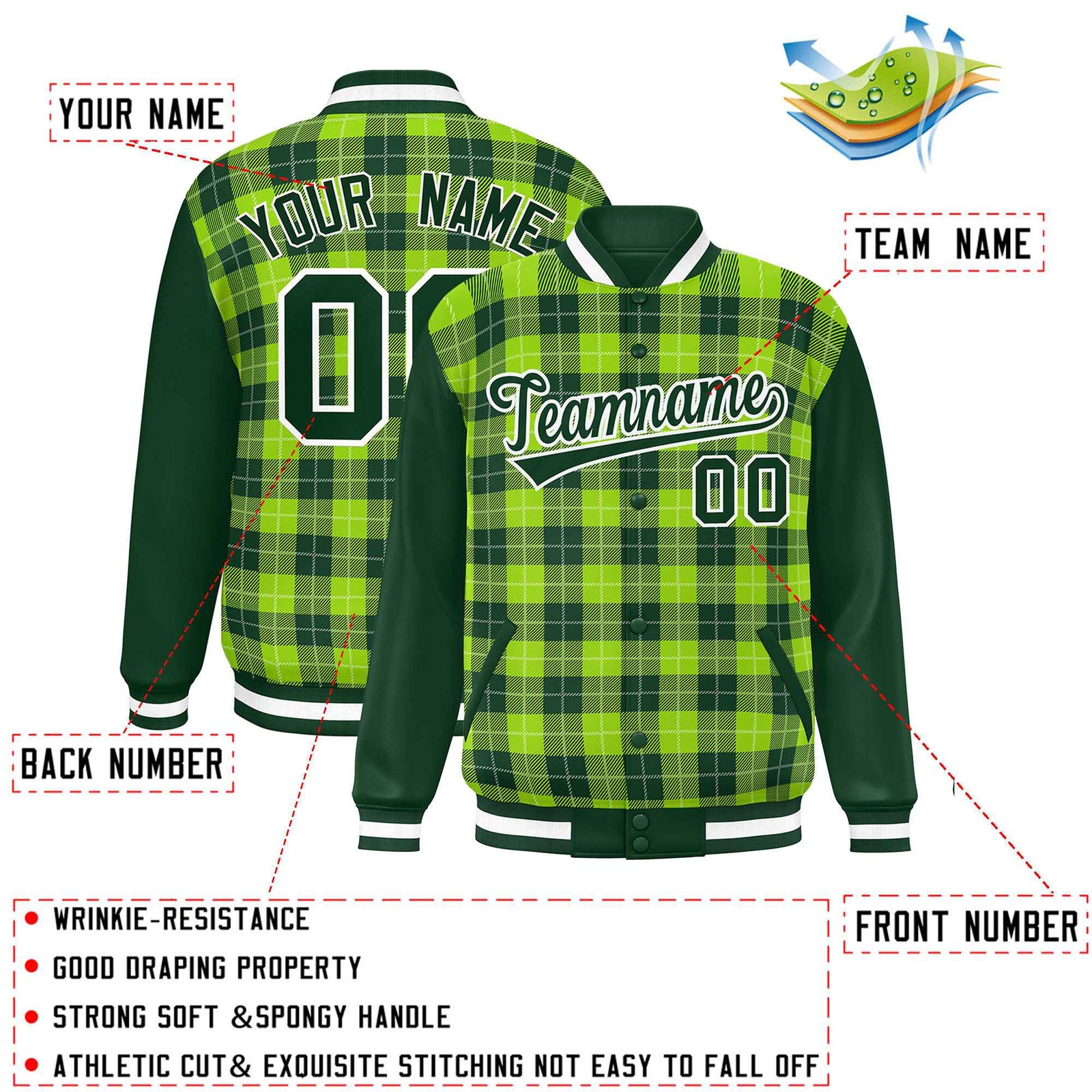Custom Neon Green Green-White Varsity Full-Snap Plaid Pattern Letterman Baseball Jacket