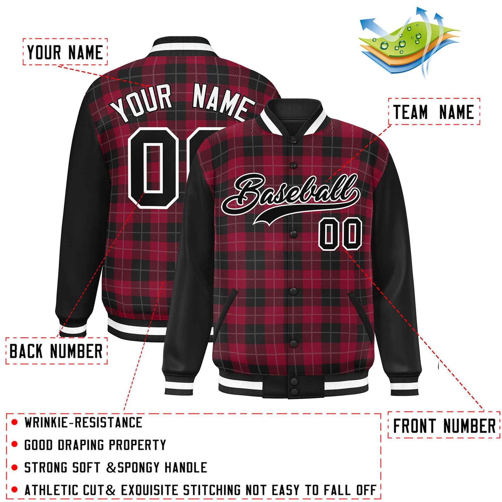 Custom Crimson Black-Gray Varsity Full-Snap Plaid Pattern Letterman Baseball Jacket