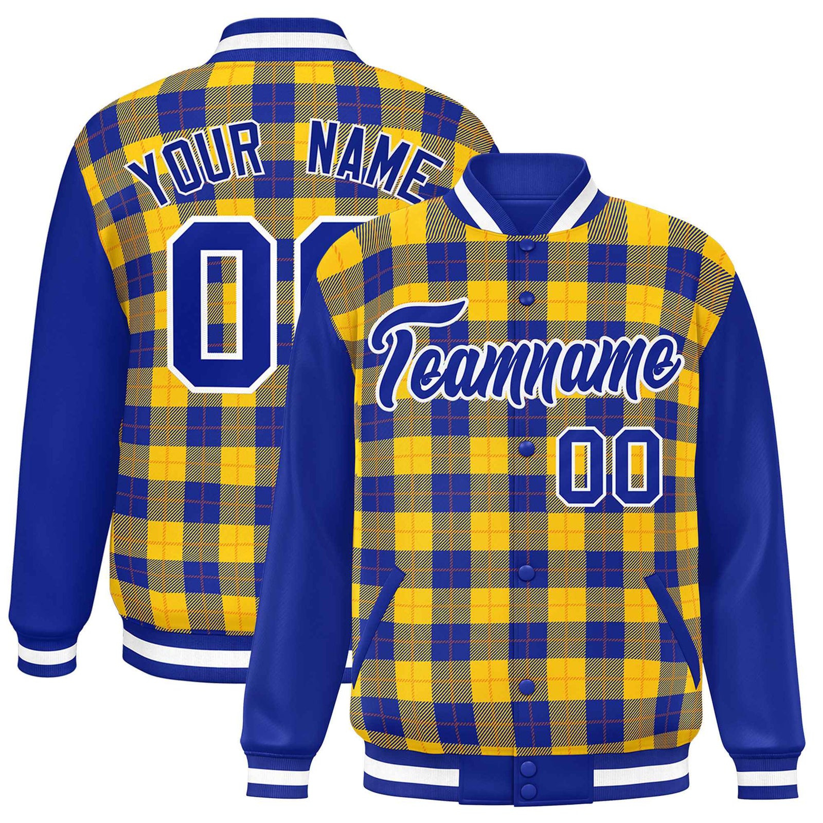 Custom Yellow Royal-Orange Varsity Full-Snap Plaid Pattern Letterman Baseball Jacket
