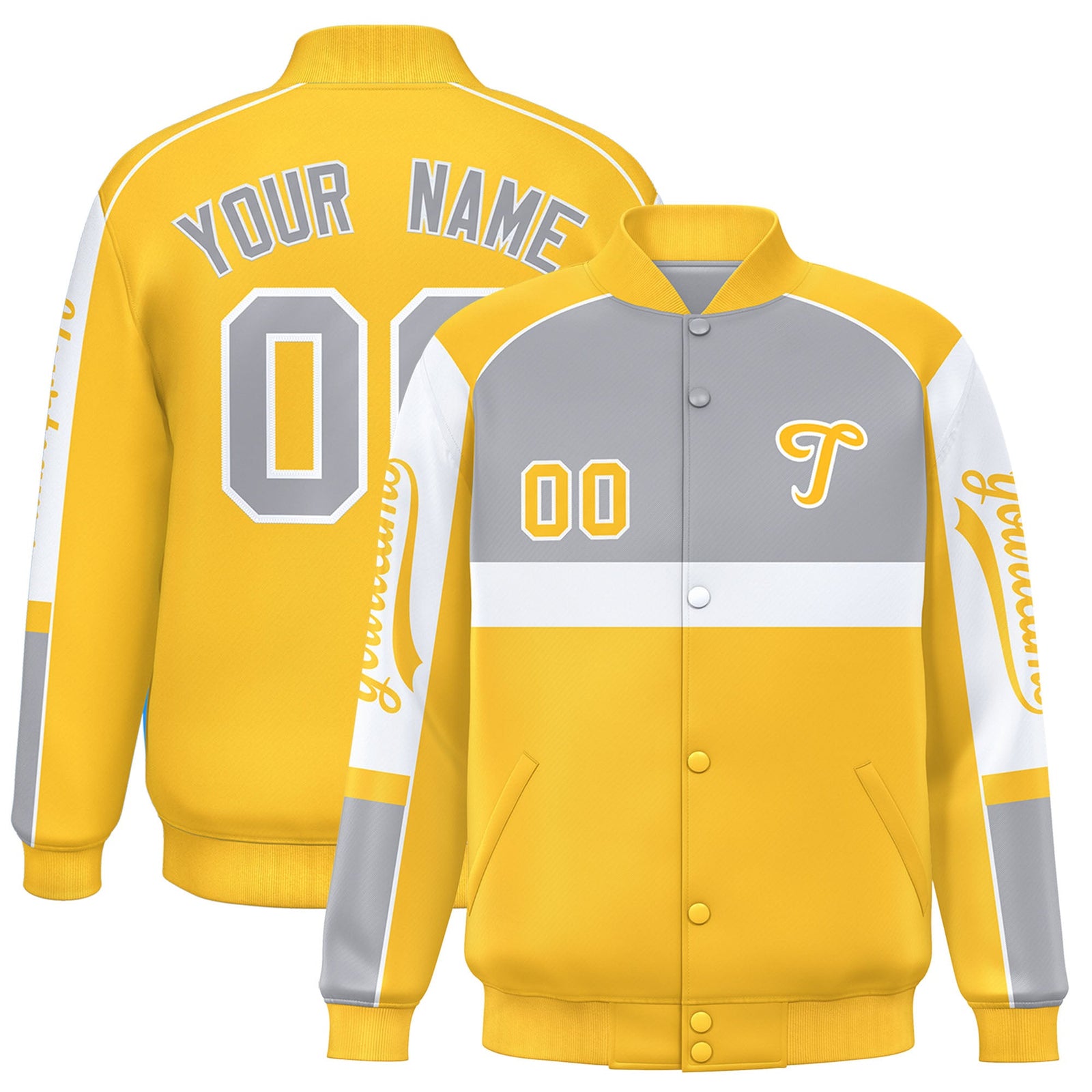 Custom Gray Yellow Varsity Full-Snap Raglan Sleeves Letterman Jacket