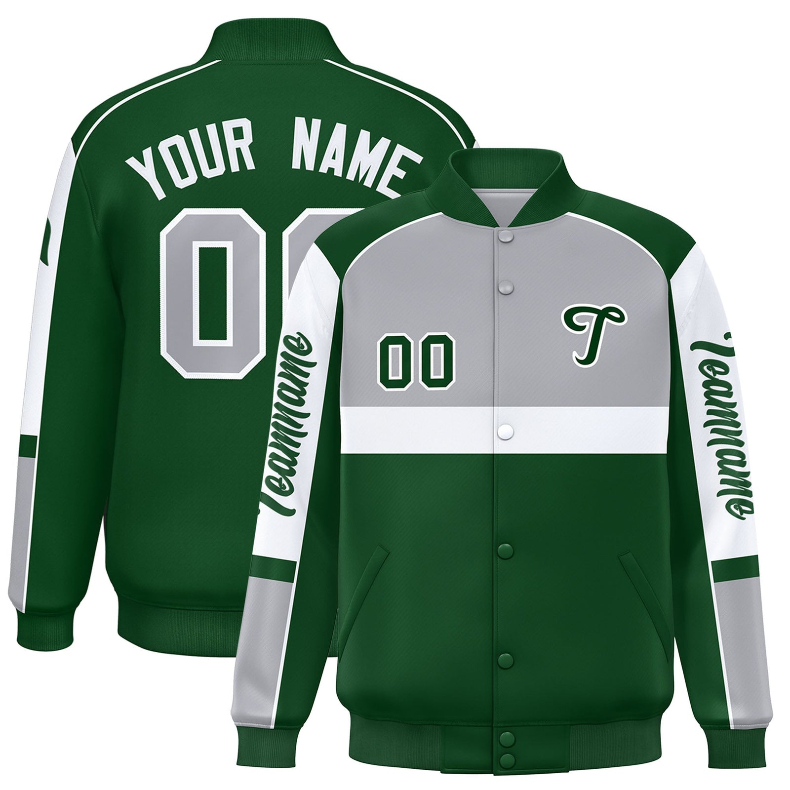 Custom Gray Green Varsity Full-Snap Raglan Sleeves Letterman Jacket