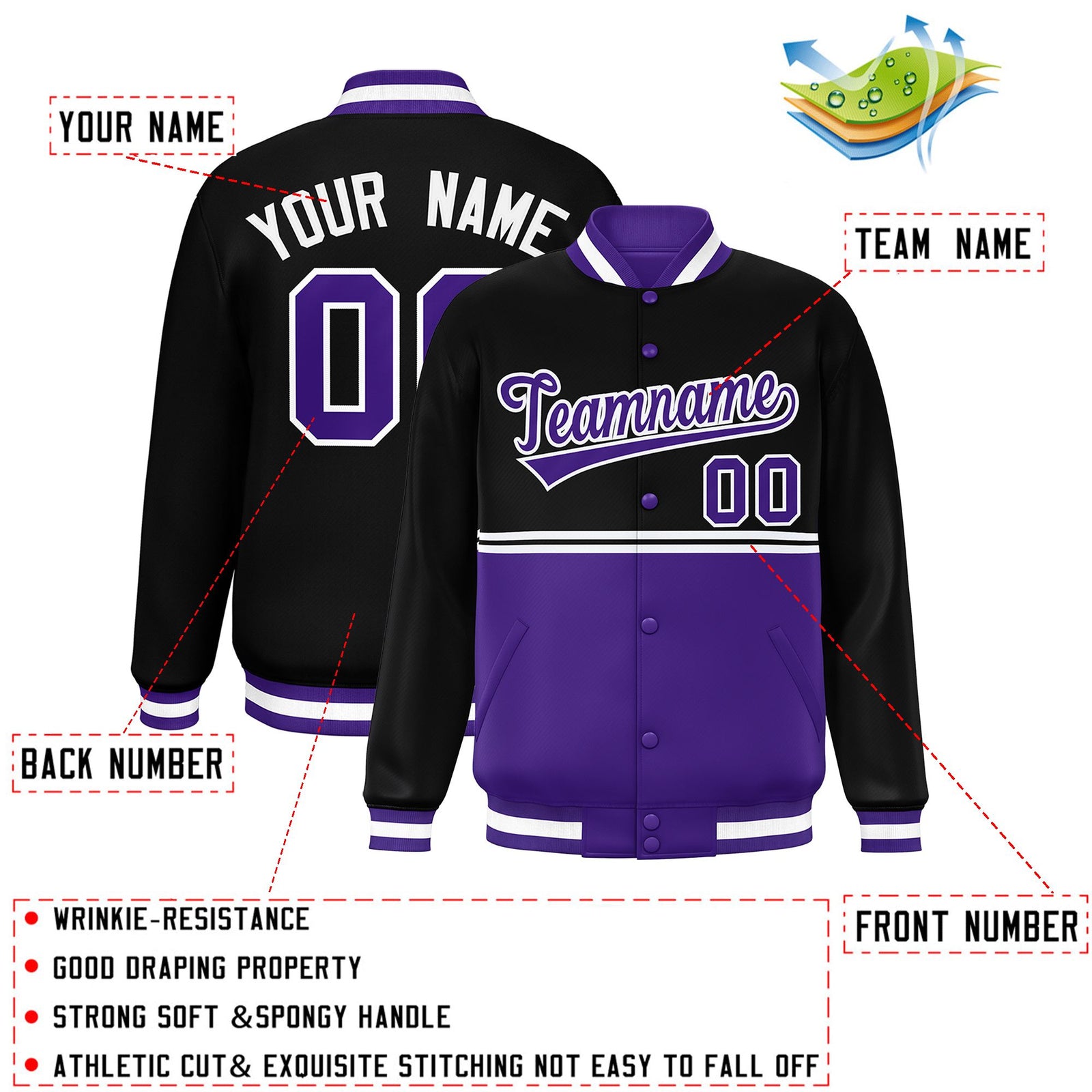Custom Black Purple Varsity Full-Snap Color Block Letterman Jacket