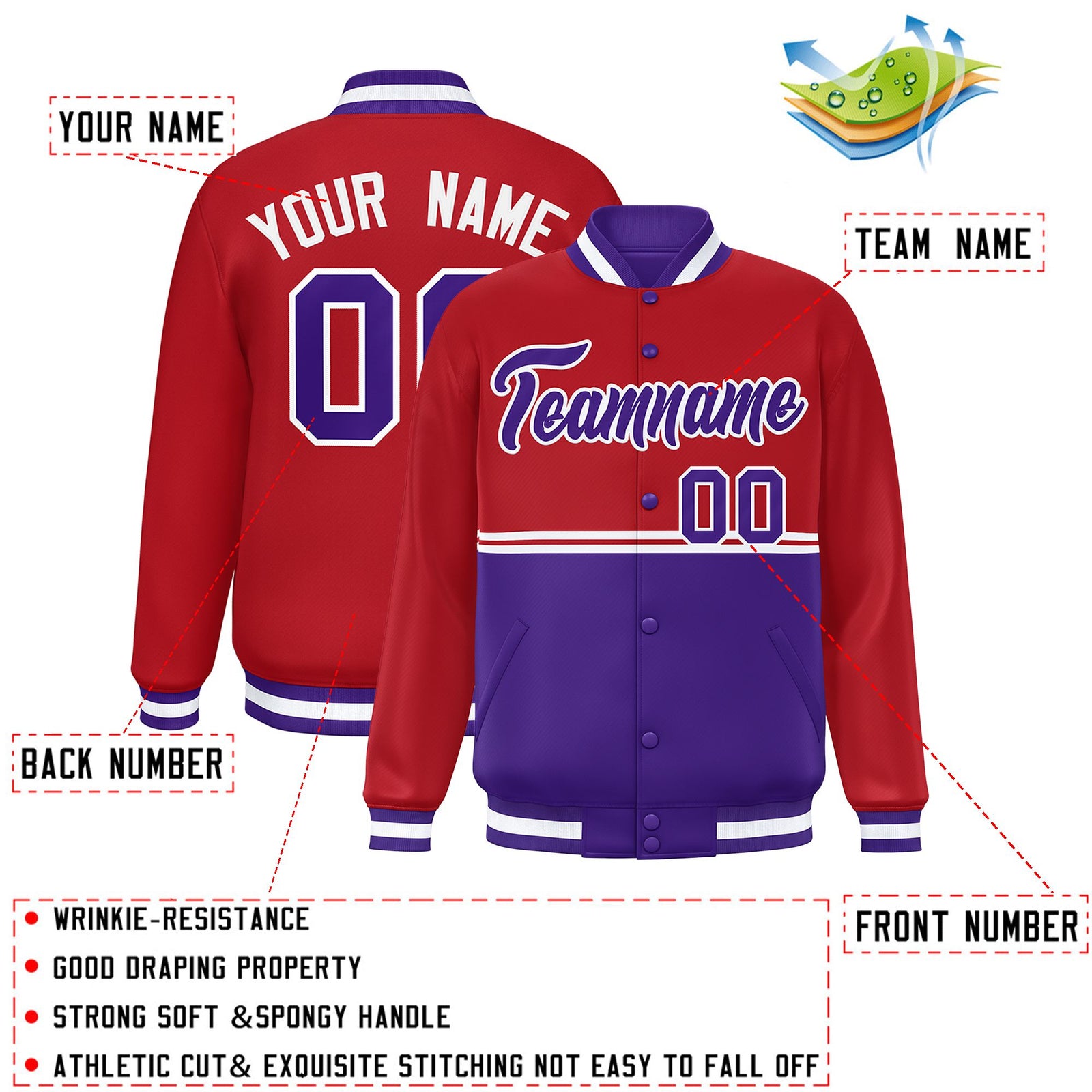 Custom Red Purple Varsity Full-Snap Color Block Letterman Jacket